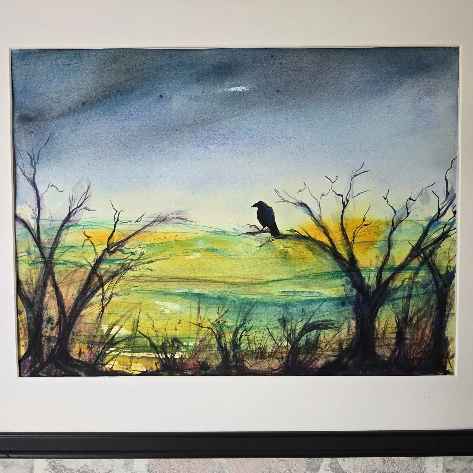 Abstract Cloudy Landscape Trees Crow Watercolour/ink Painting Framed thumbnail 2