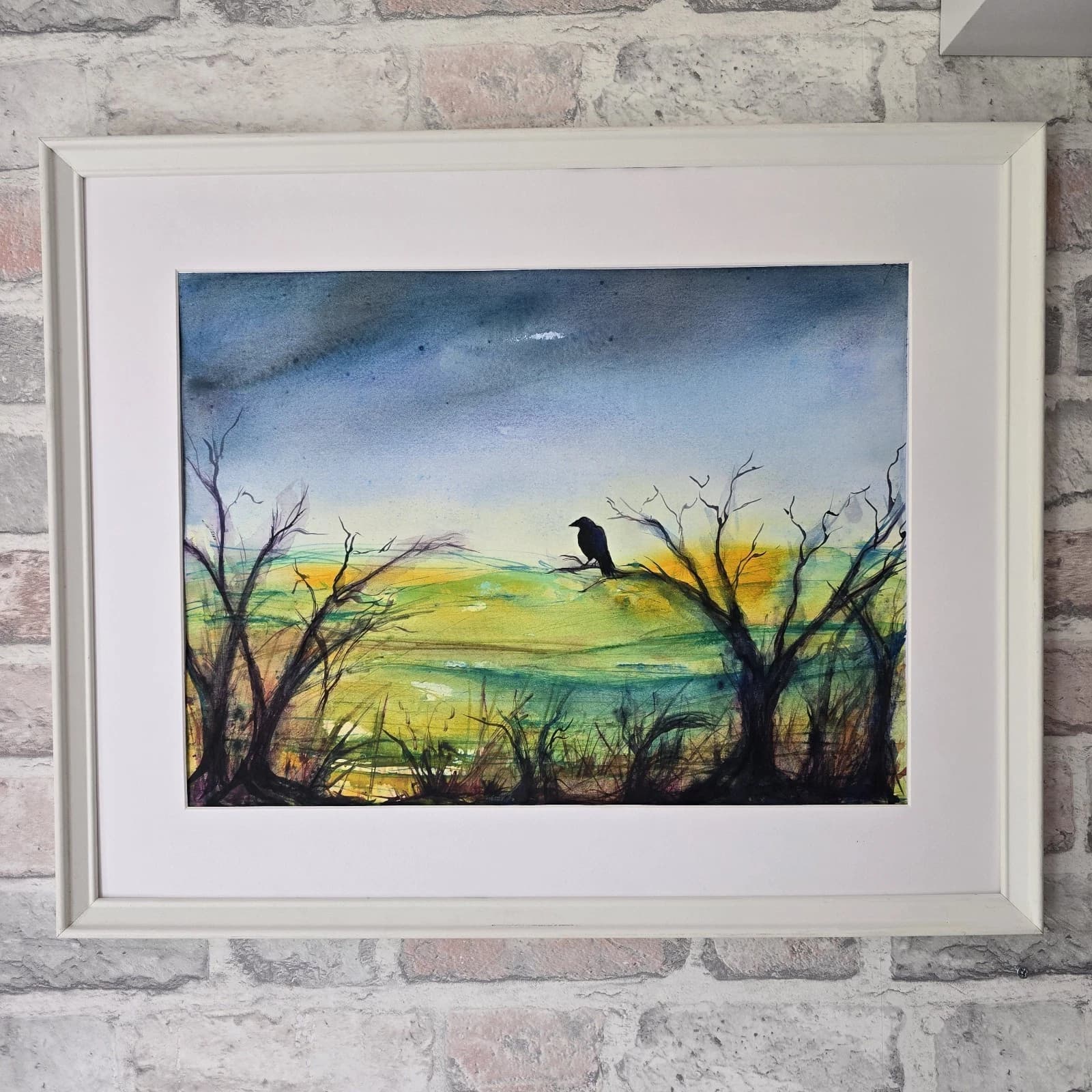 Abstract Cloudy Landscape Trees Crow Watercolour/ink Painting Framed thumbnail 3