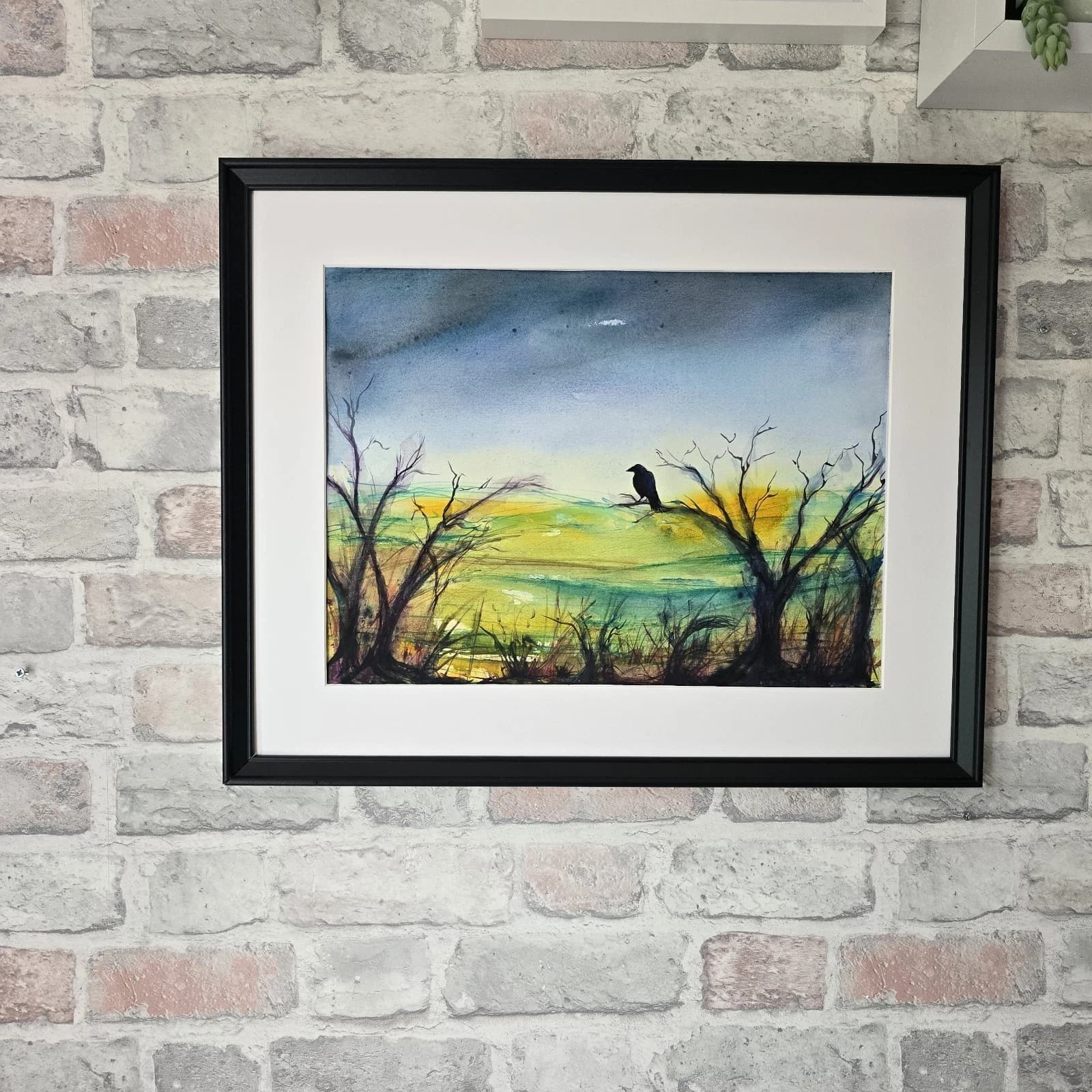 Abstract Cloudy Landscape Trees Crow Watercolour/ink Painting Framed thumbnail 4