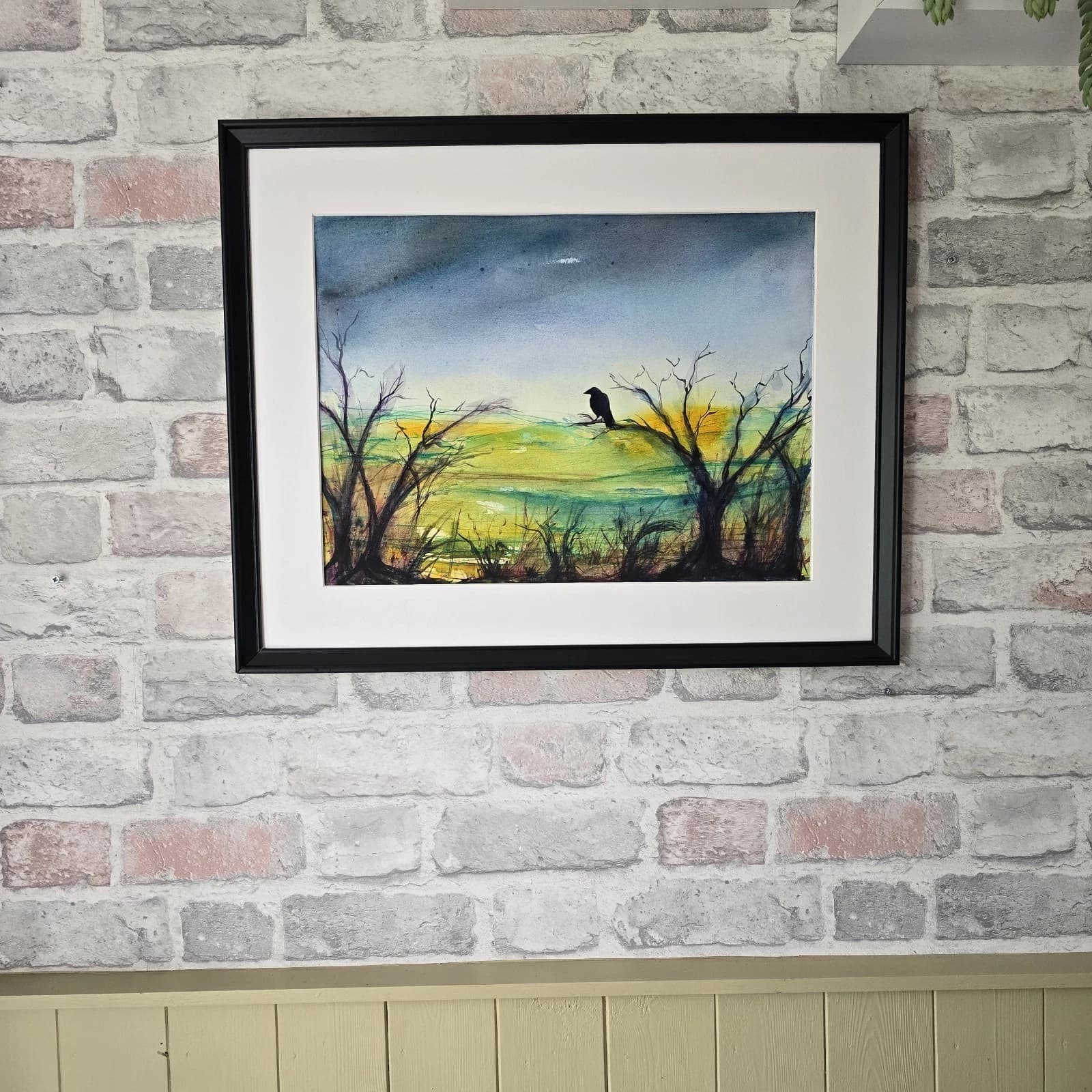 Abstract Cloudy Landscape Trees Crow Watercolour/ink Painting Framed thumbnail 5