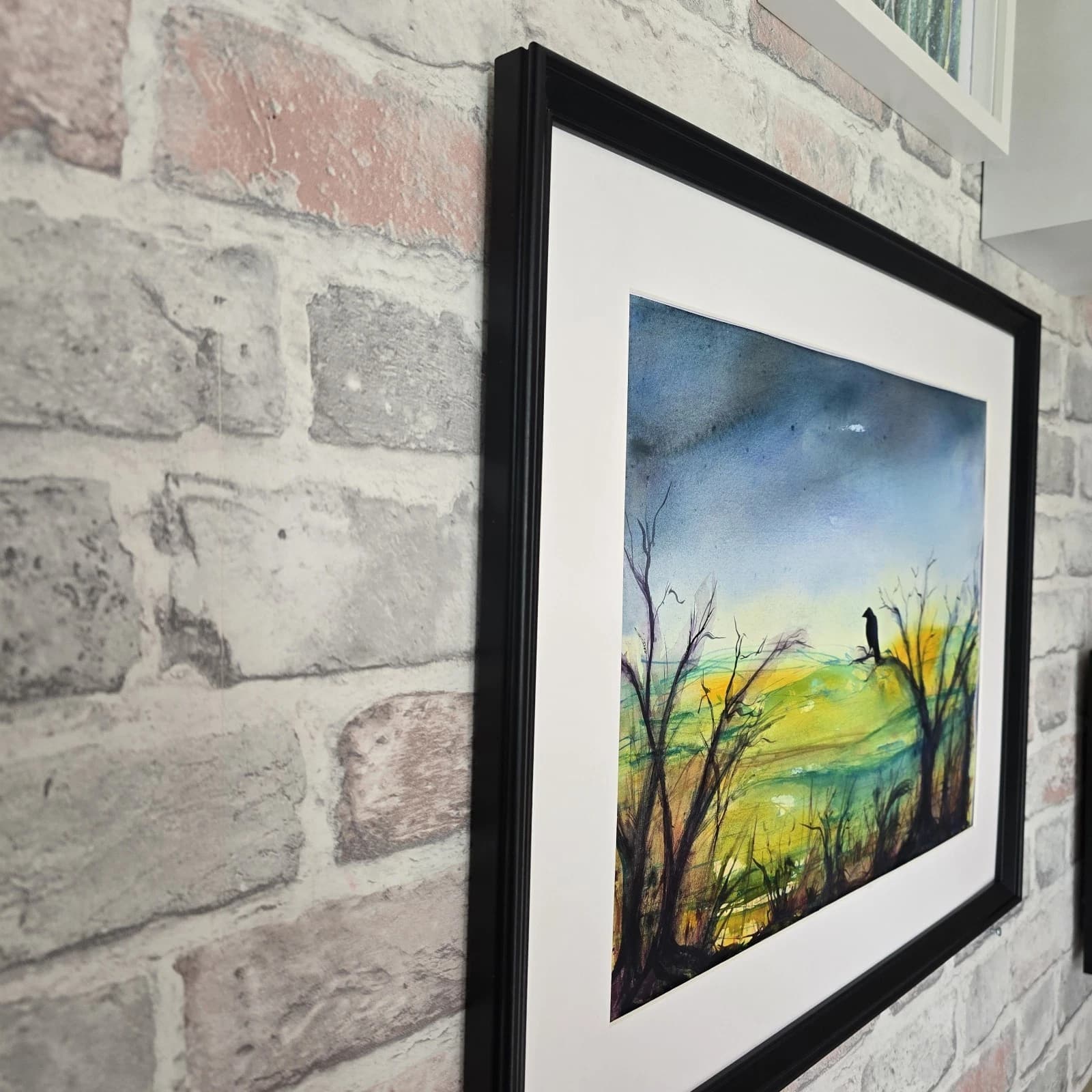 Abstract Cloudy Landscape Trees Crow Watercolour/ink Painting Framed thumbnail 6
