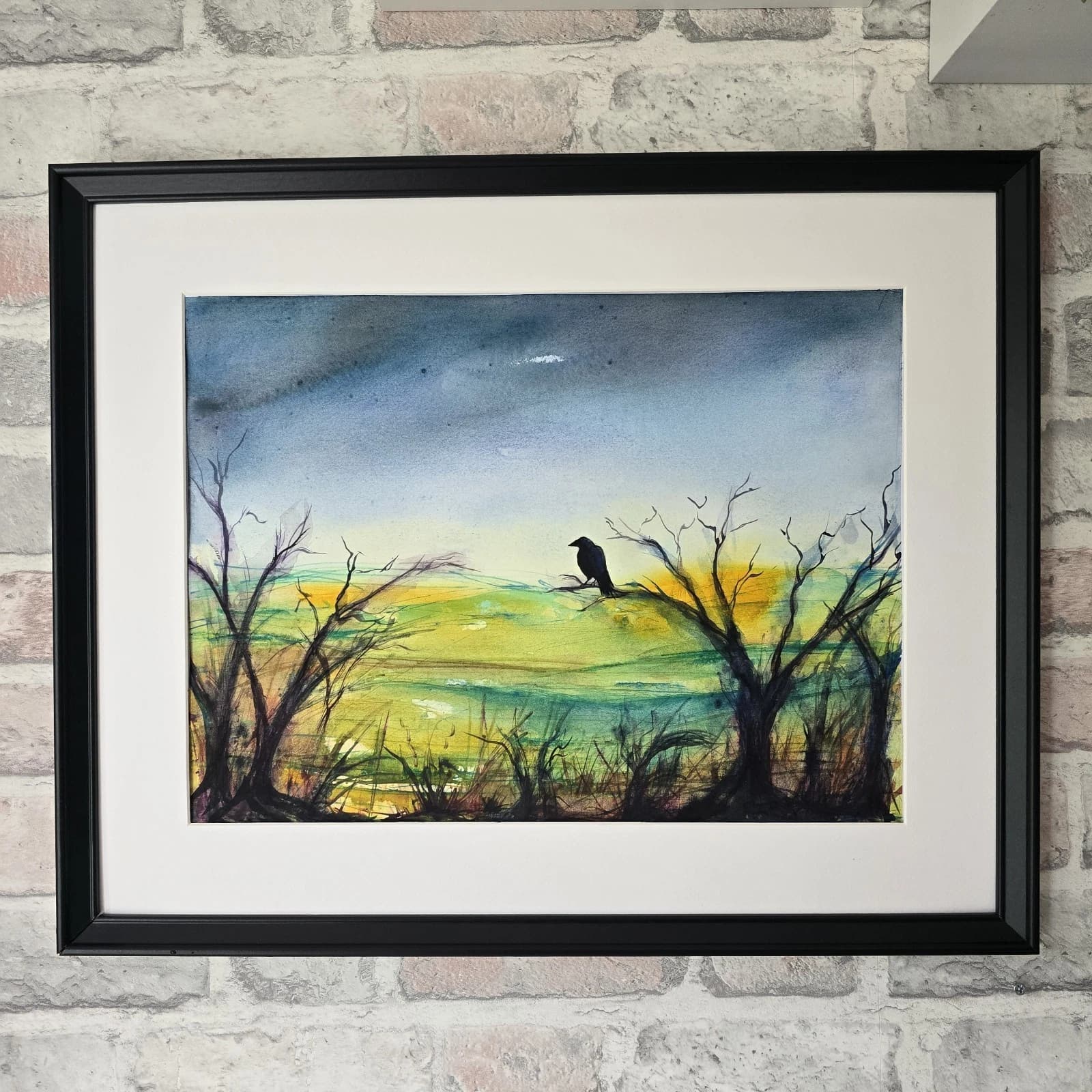 Abstract Cloudy Landscape Trees Crow Watercolour/ink Painting Framed thumbnail 7