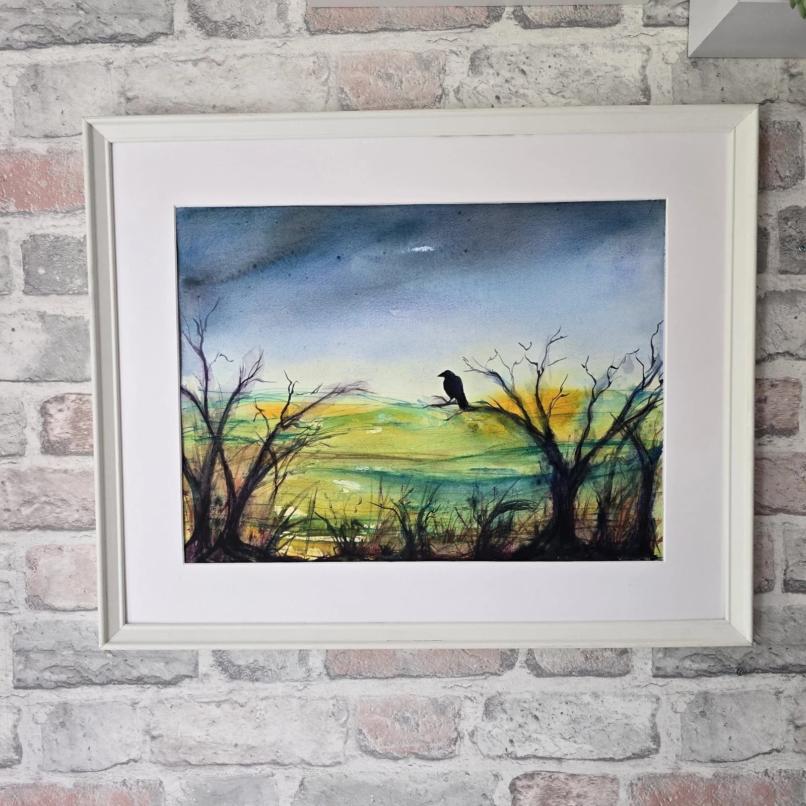 Abstract Cloudy Landscape Trees Crow Watercolour/ink Painting Framed thumbnail 8