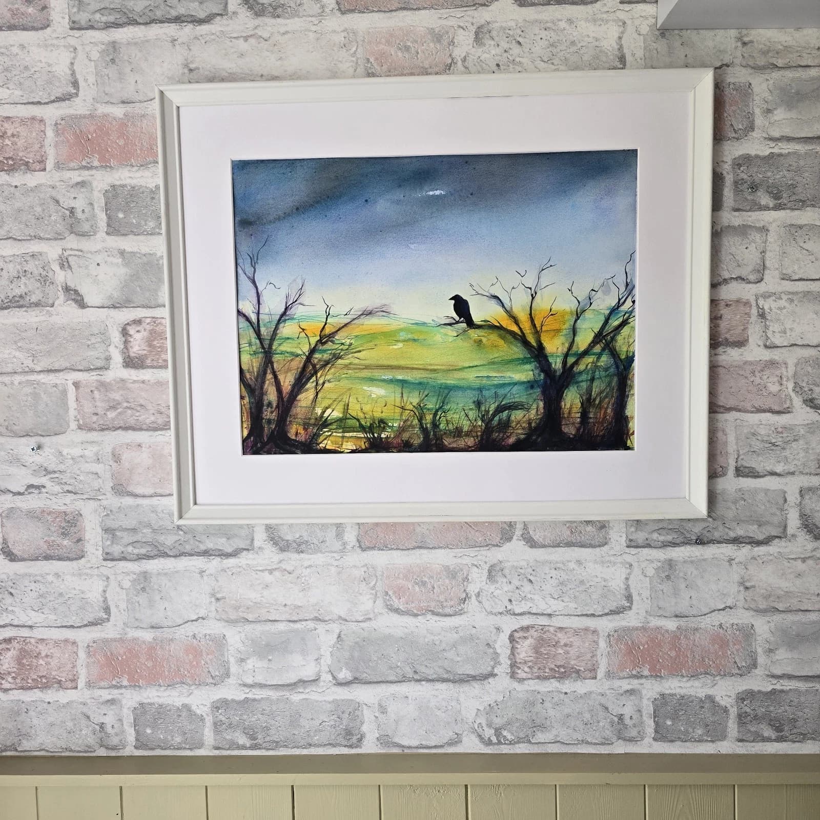 Abstract Cloudy Landscape Trees Crow Watercolour/ink Painting Framed thumbnail 9