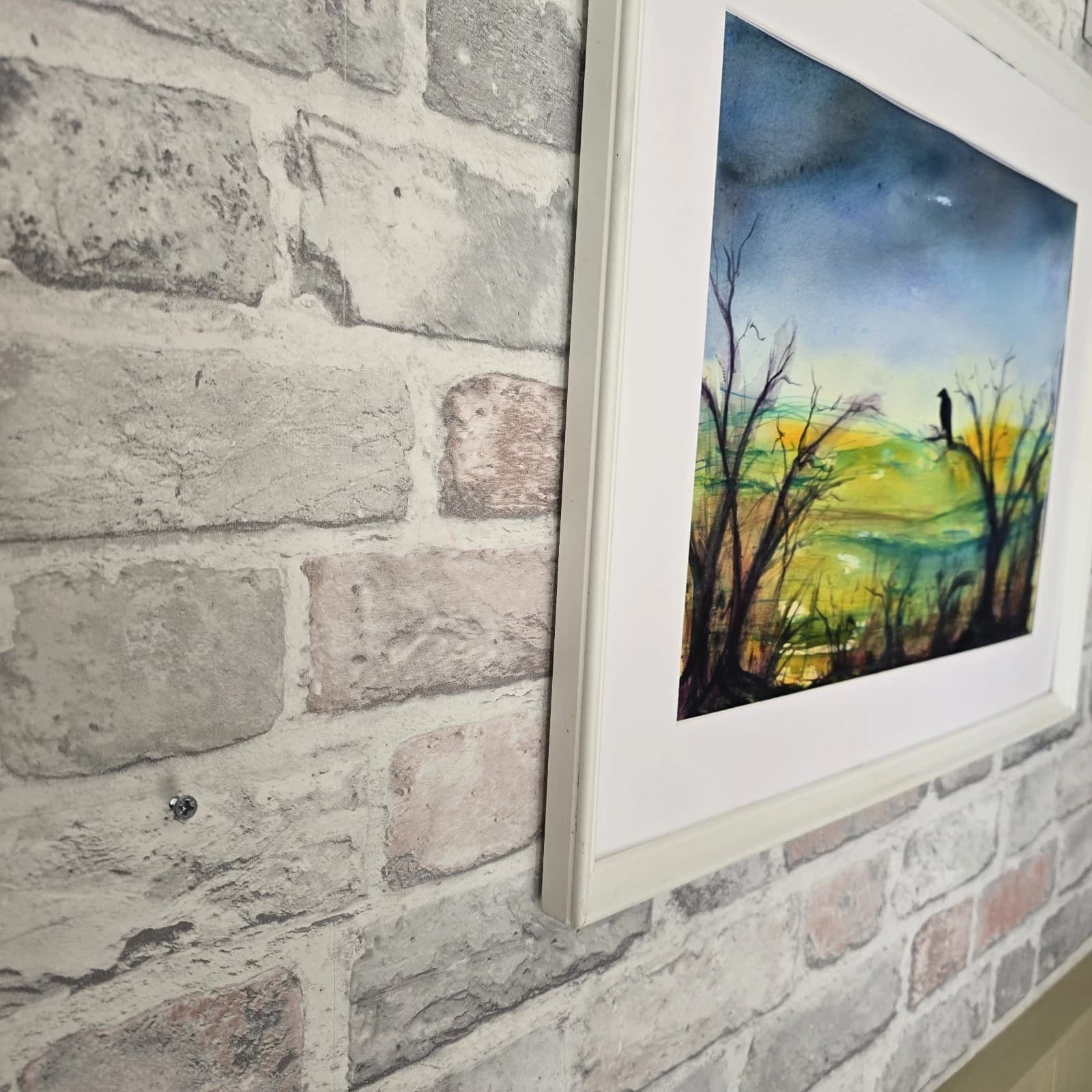Abstract Cloudy Landscape Trees Crow Watercolour/ink Painting Framed thumbnail 10