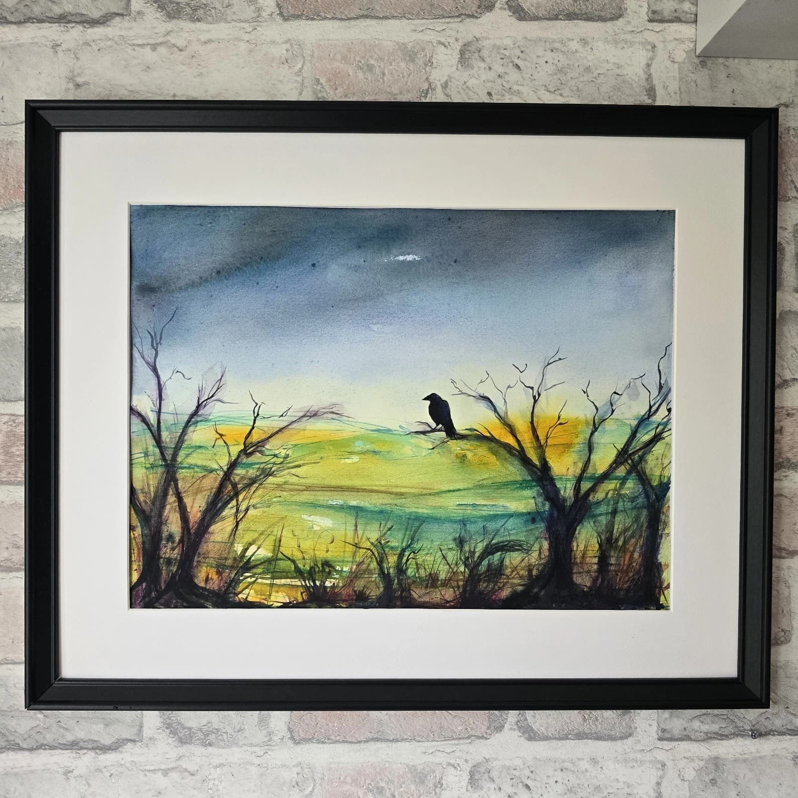 Abstract Cloudy Landscape Trees Crow Watercolour/ink Painting Framed