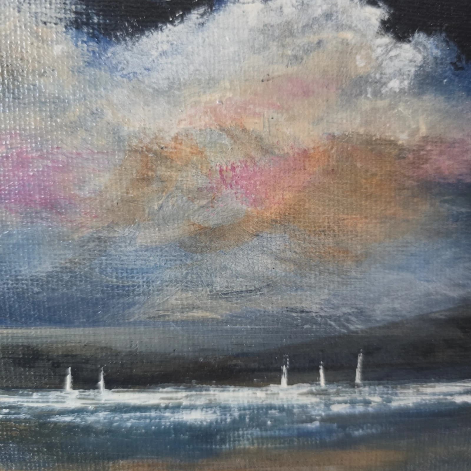 Acrylic Painting Canvas Coastal Landscape Boats Sailing Dusk thumbnail 8