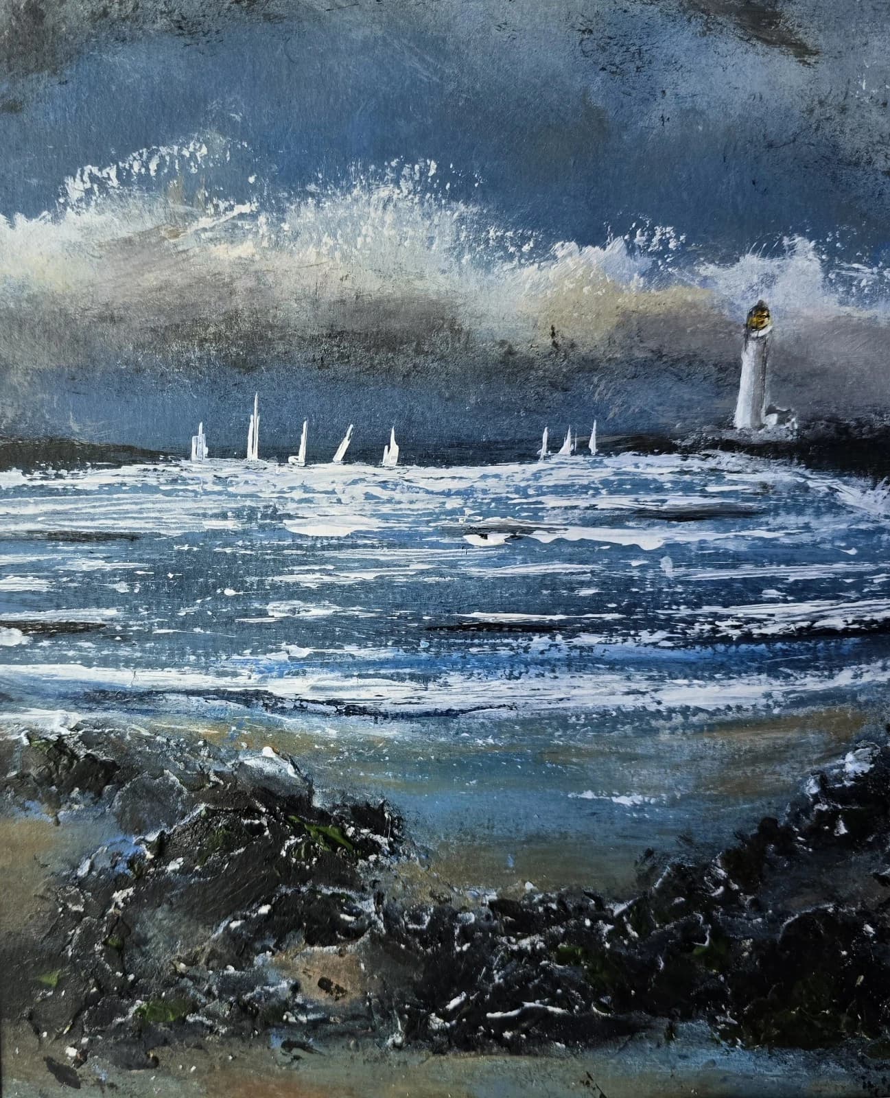 Acrylic Painting Coastal Landscape Boats Sailing Lighthouse Framed thumbnail 2