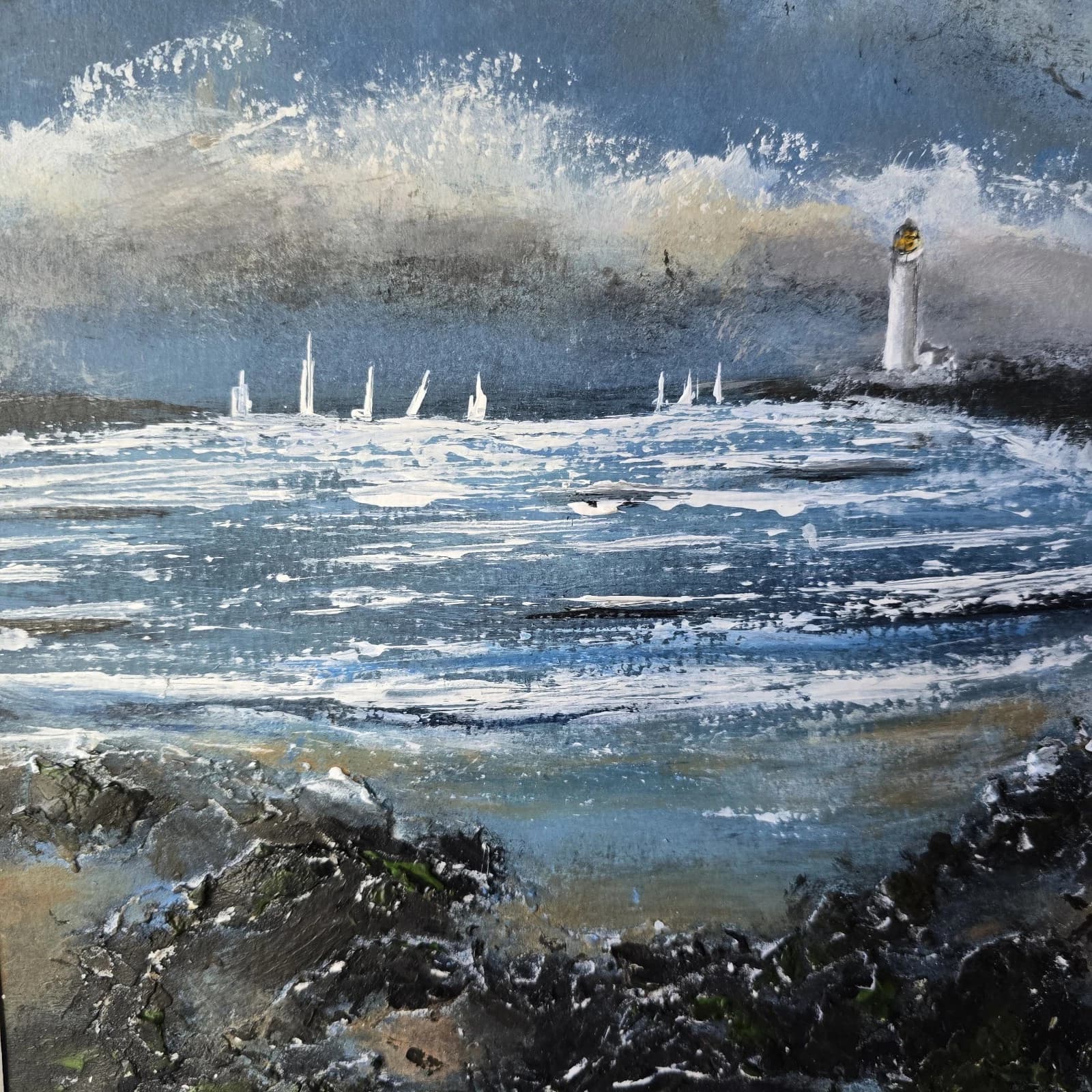 Acrylic Painting Coastal Landscape Boats Sailing Lighthouse Framed thumbnail 11