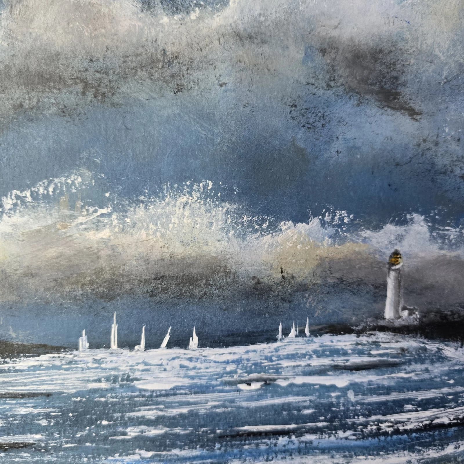 Acrylic Painting Coastal Landscape Boats Sailing Lighthouse Framed thumbnail 12