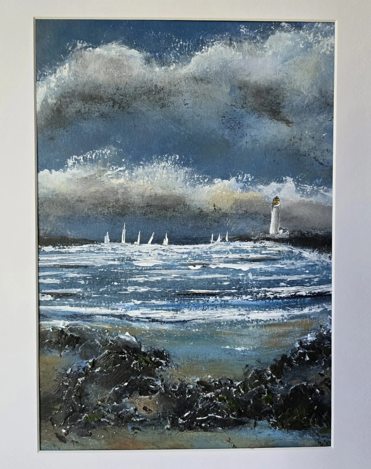 Acrylic Painting Coastal Landscape Boats Sailing Lighthouse Framed thumbnail 13