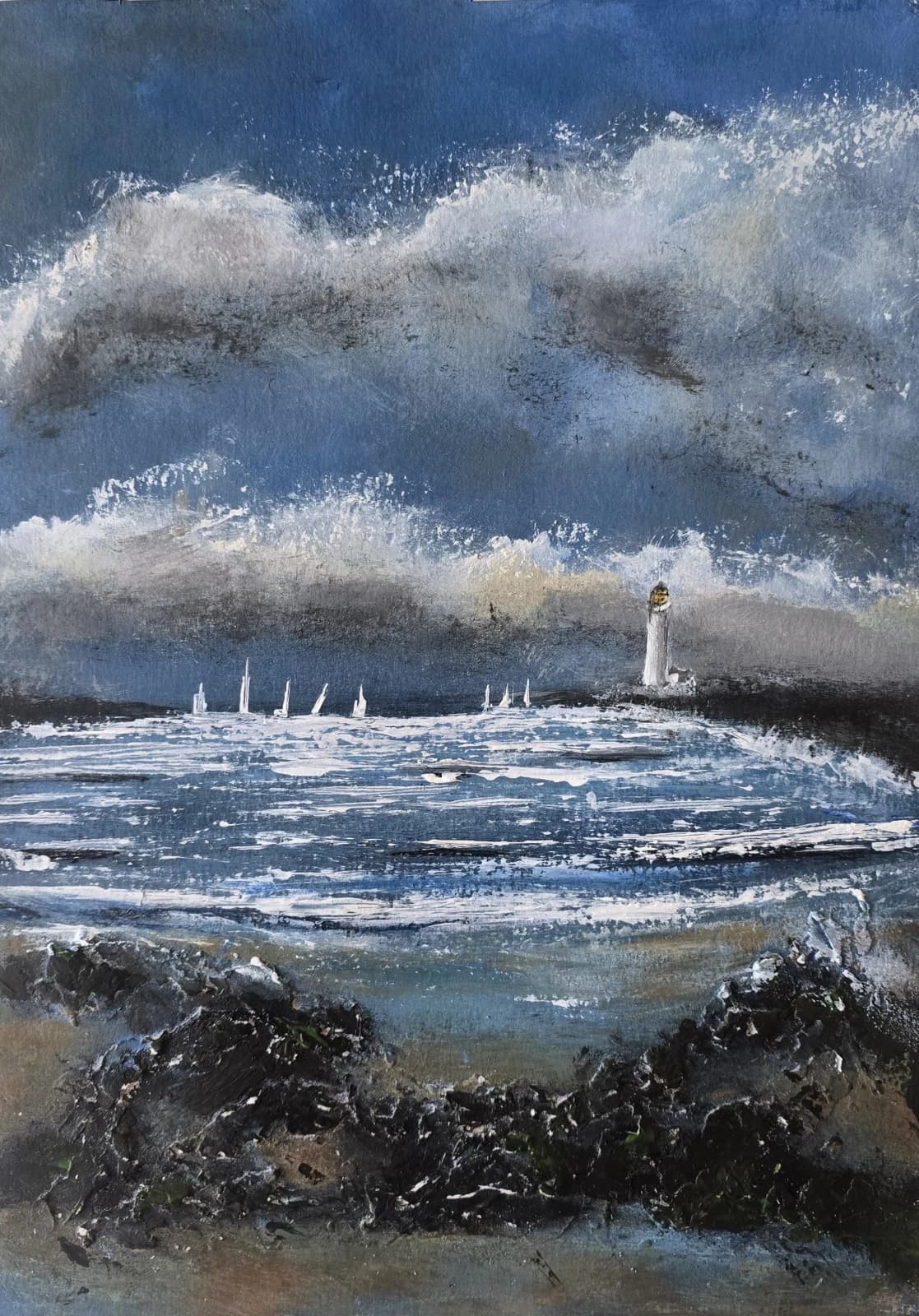 Acrylic Painting Coastal Landscape Boats Sailing Lighthouse Framed thumbnail 14