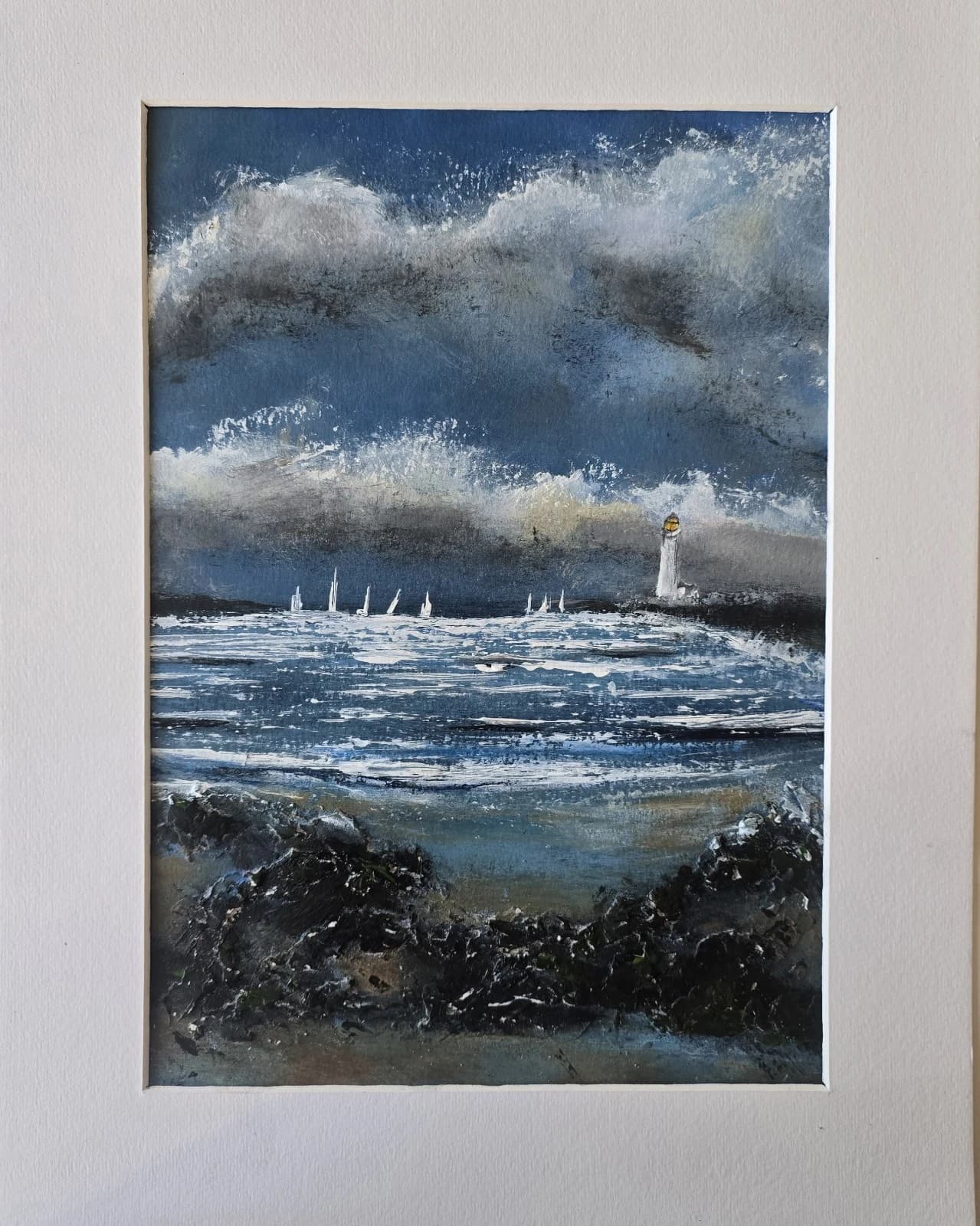 Acrylic Painting Coastal Landscape Boats Sailing Lighthouse Framed thumbnail 15