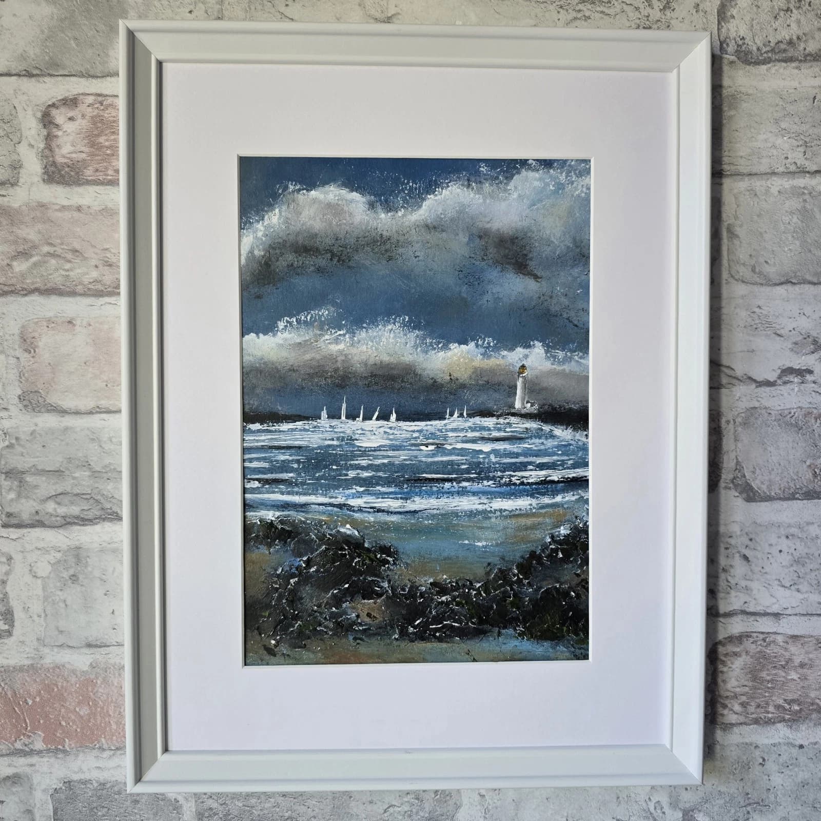 Acrylic Painting Coastal Landscape Boats Sailing Lighthouse Framed thumbnail 3