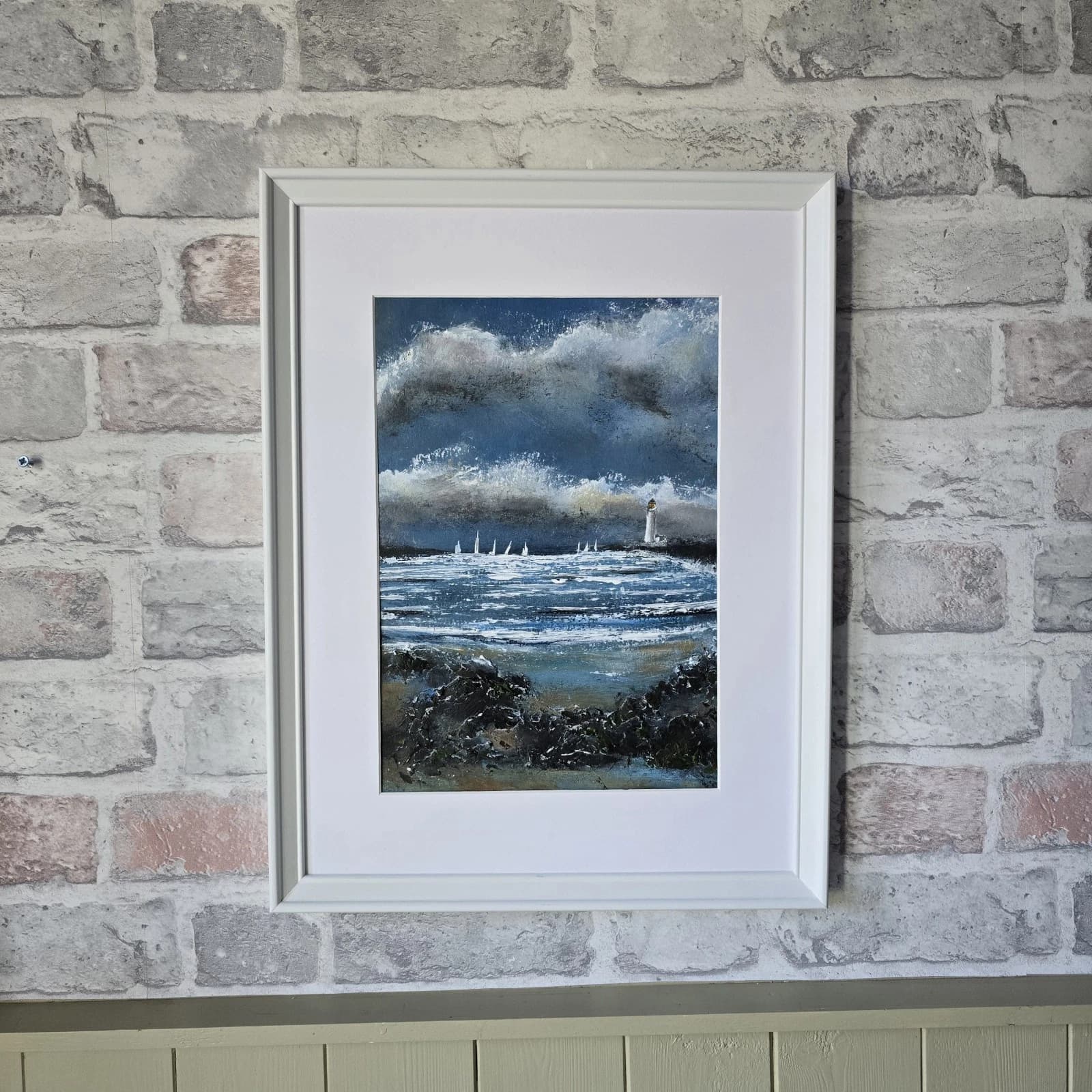 Acrylic Painting Coastal Landscape Boats Sailing Lighthouse Framed thumbnail 4