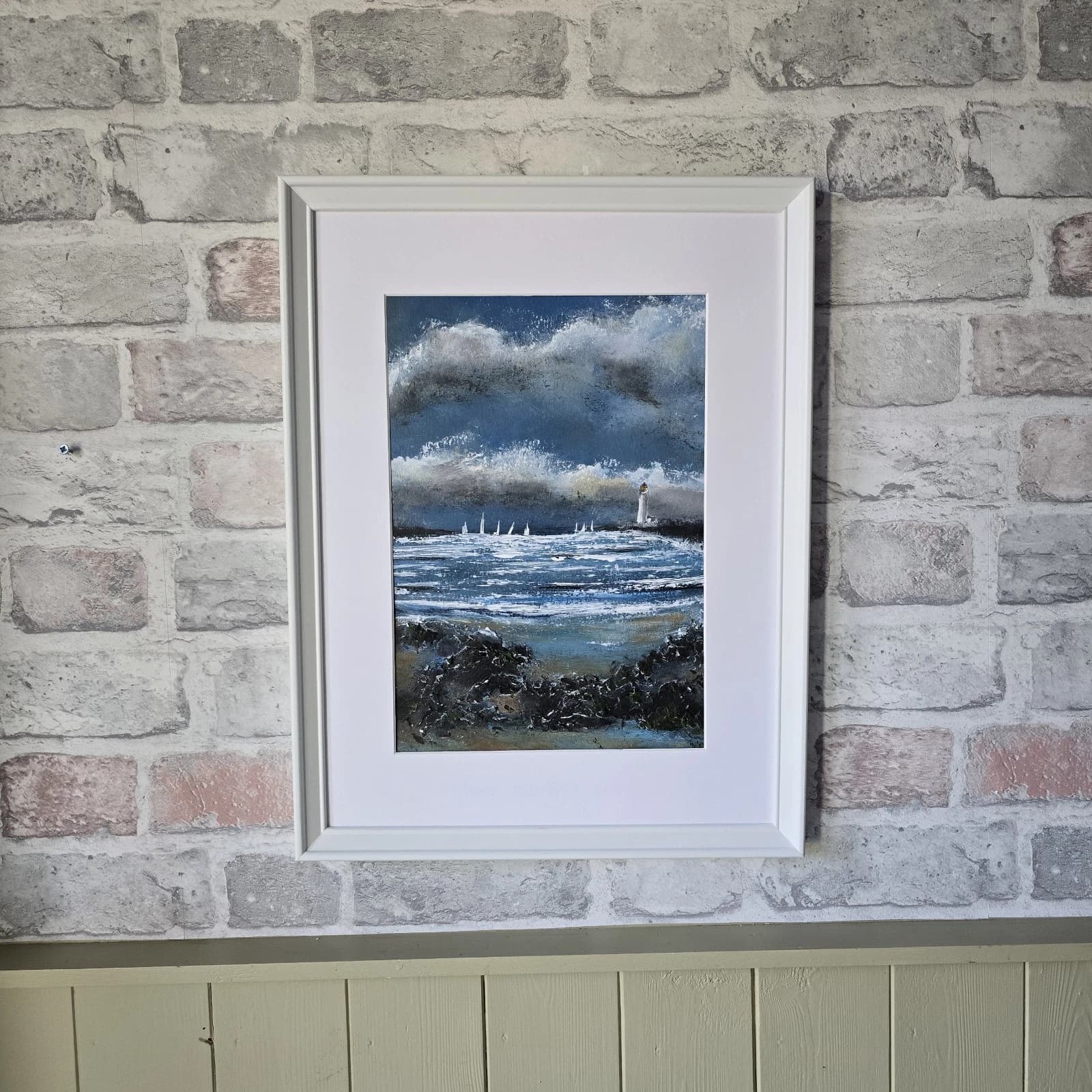 Acrylic Painting Coastal Landscape Boats Sailing Lighthouse Framed thumbnail 5