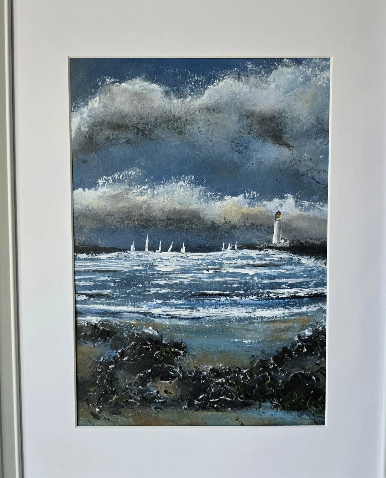 Acrylic Painting Coastal Landscape Boats Sailing Lighthouse Framed thumbnail 7