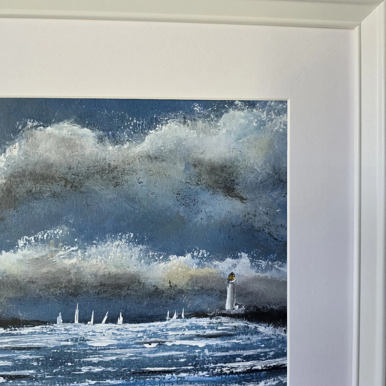 Acrylic Painting Coastal Landscape Boats Sailing Lighthouse Framed thumbnail 8