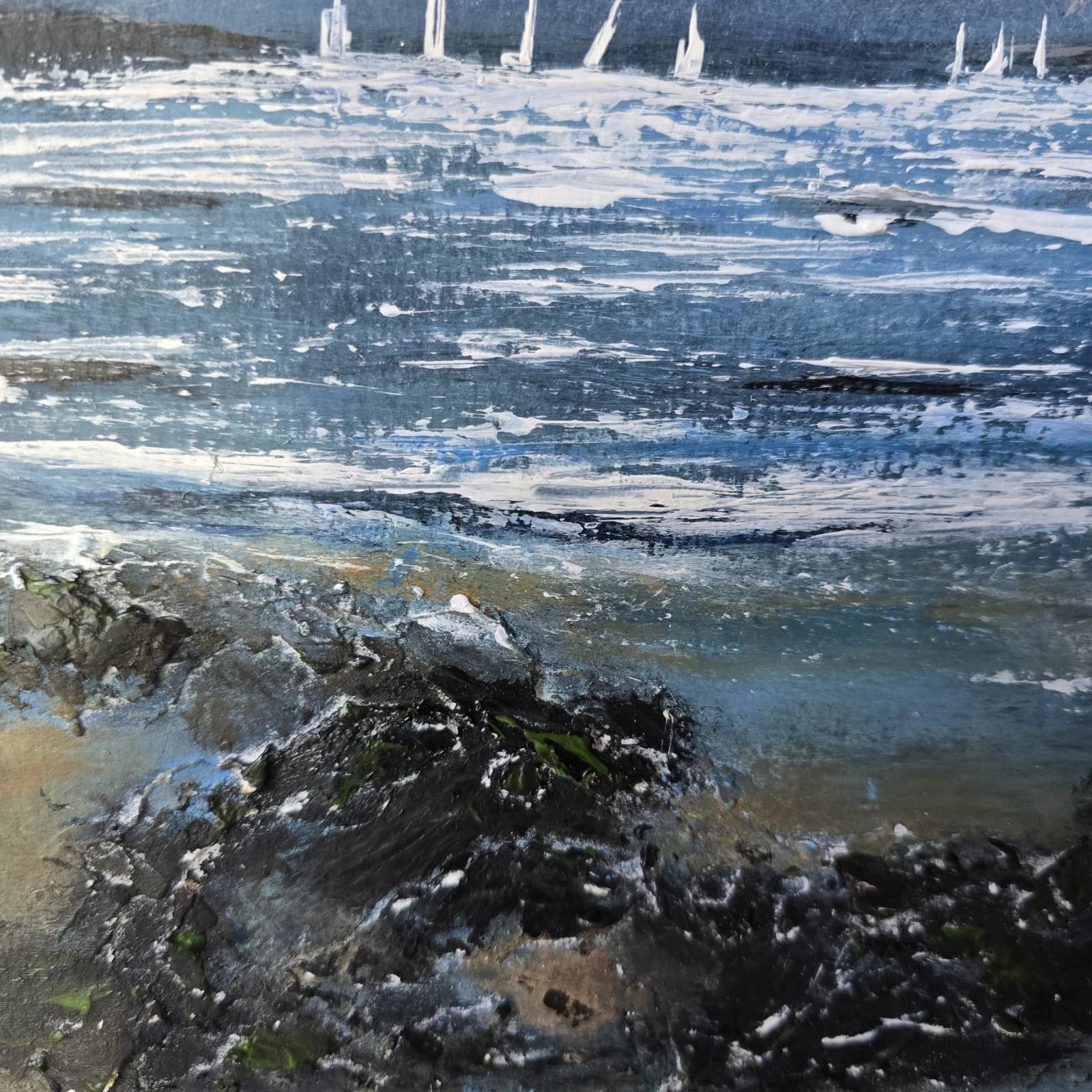 Acrylic Painting Coastal Landscape Boats Sailing Lighthouse Framed thumbnail 10