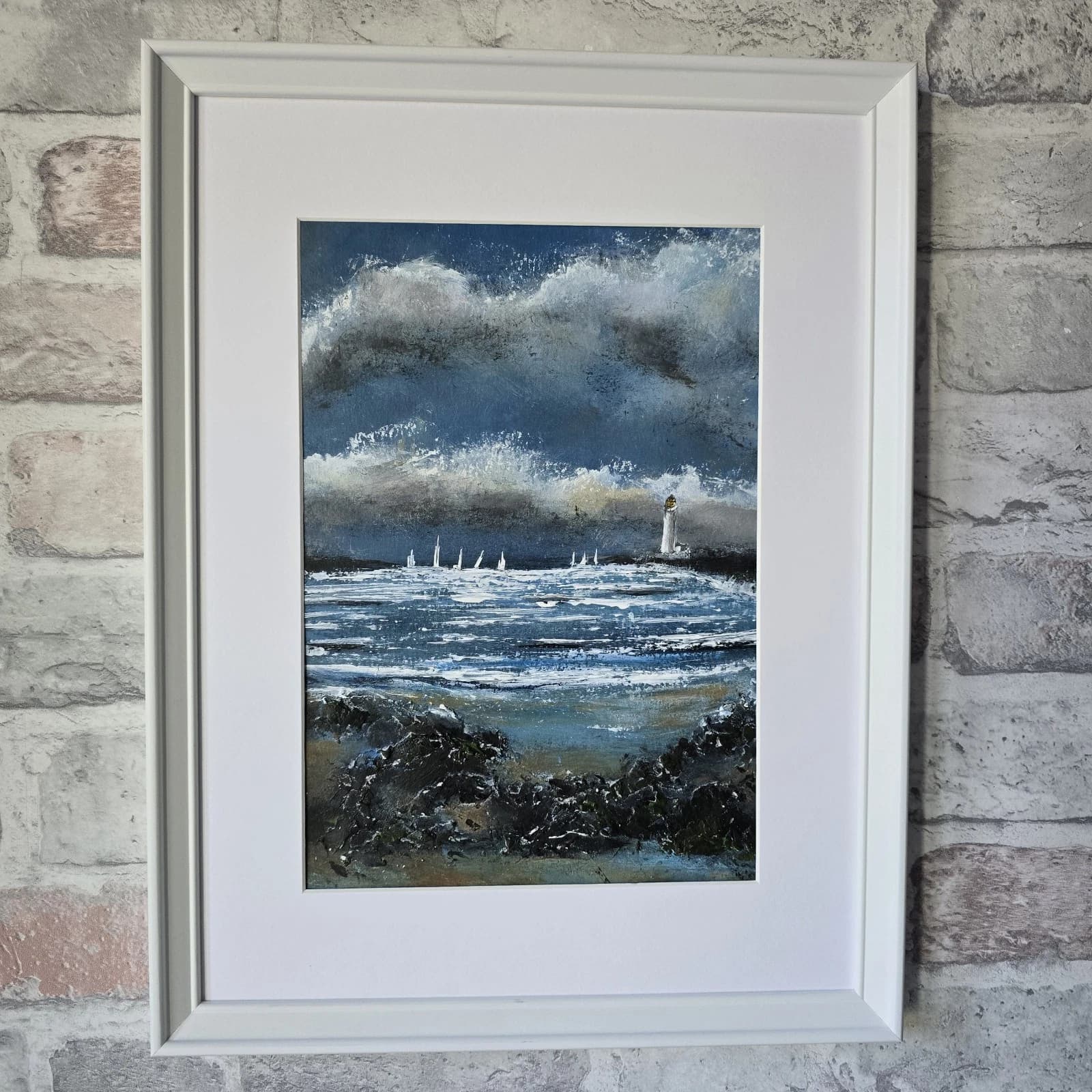 Acrylic Painting Coastal Landscape Boats Sailing Lighthouse Framed