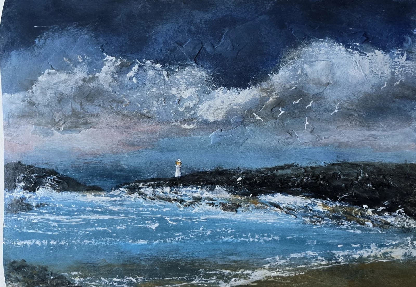 Acrylic Painting Coastal Landscape Lighthouse Seagulls Framed thumbnail 2