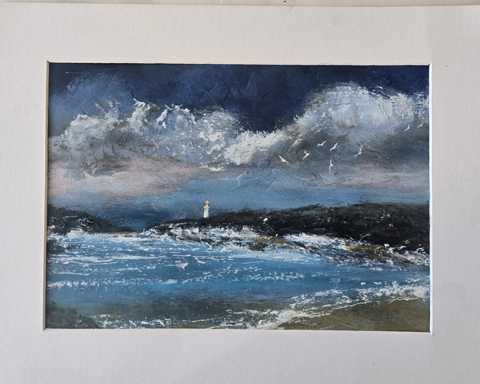 Acrylic Painting Coastal Landscape Lighthouse Seagulls Framed thumbnail 13