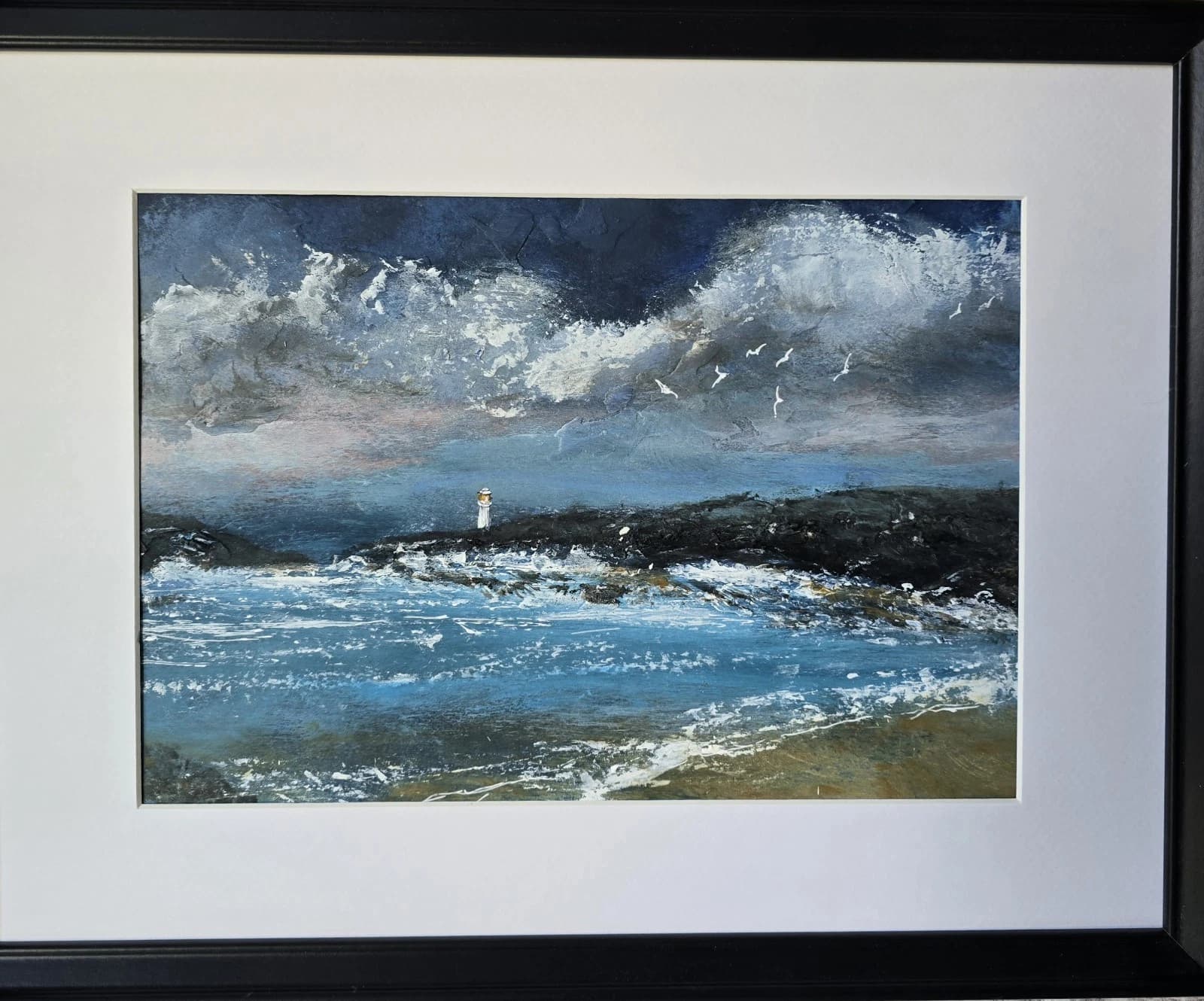 Acrylic Painting Coastal Landscape Lighthouse Seagulls Framed thumbnail 3