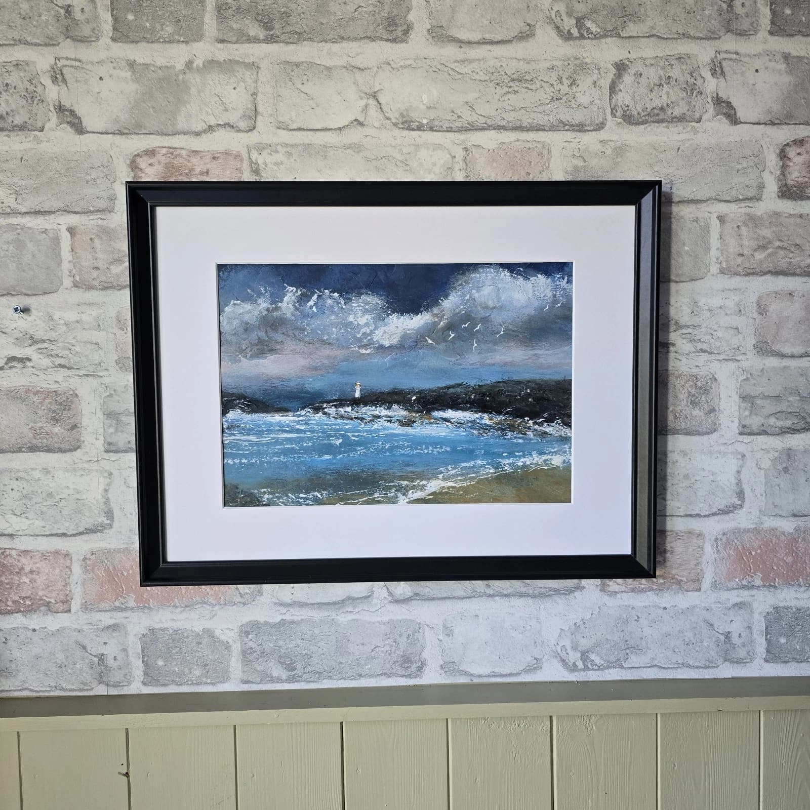 Acrylic Painting Coastal Landscape Lighthouse Seagulls Framed thumbnail 4