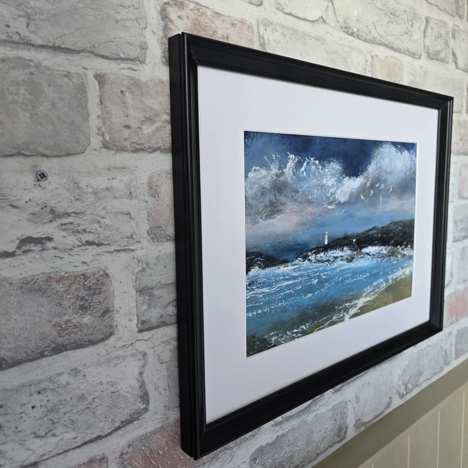 Acrylic Painting Coastal Landscape Lighthouse Seagulls Framed thumbnail 5