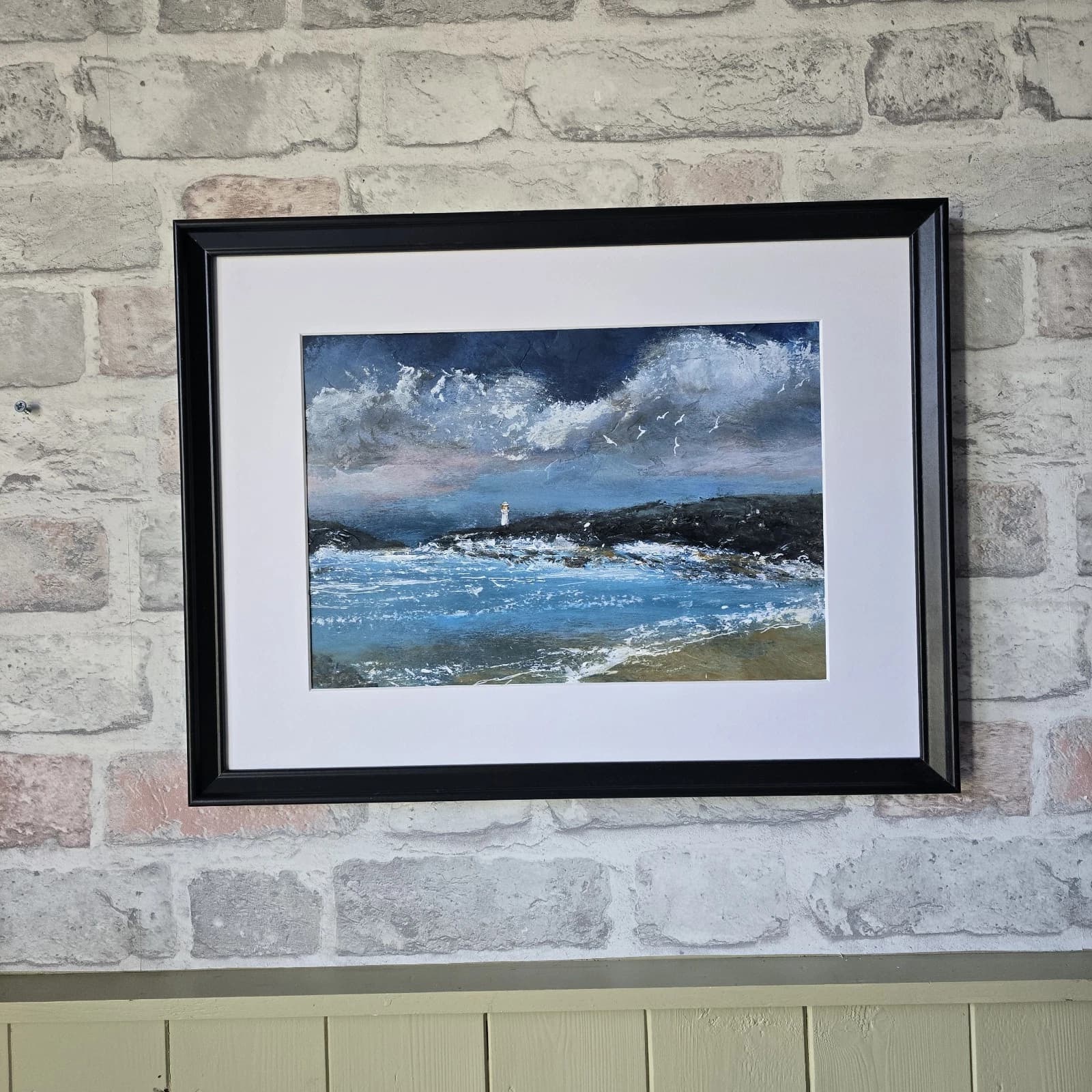 Acrylic Painting Coastal Landscape Lighthouse Seagulls Framed thumbnail 6