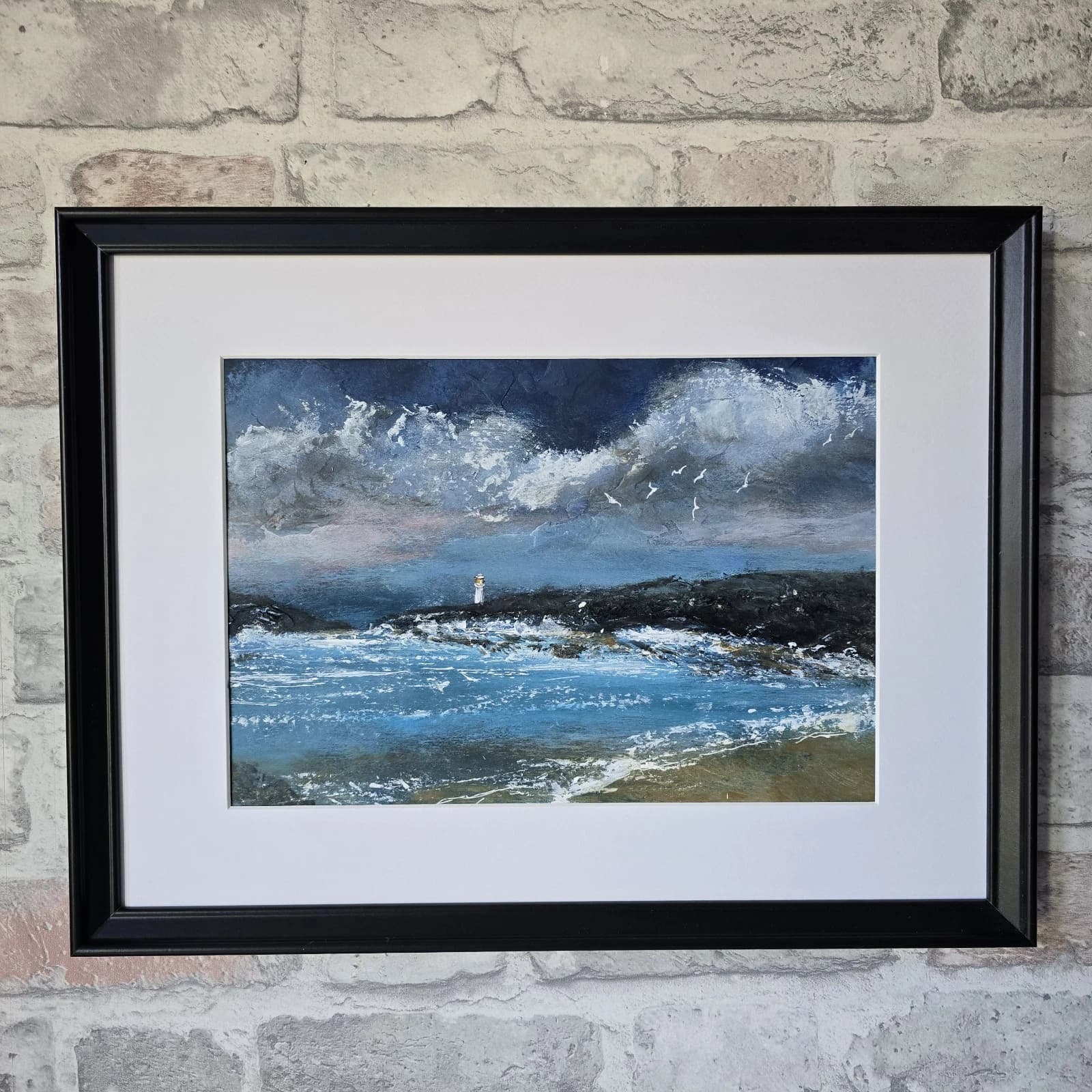 Acrylic Painting Coastal Landscape Lighthouse Seagulls Framed thumbnail 7