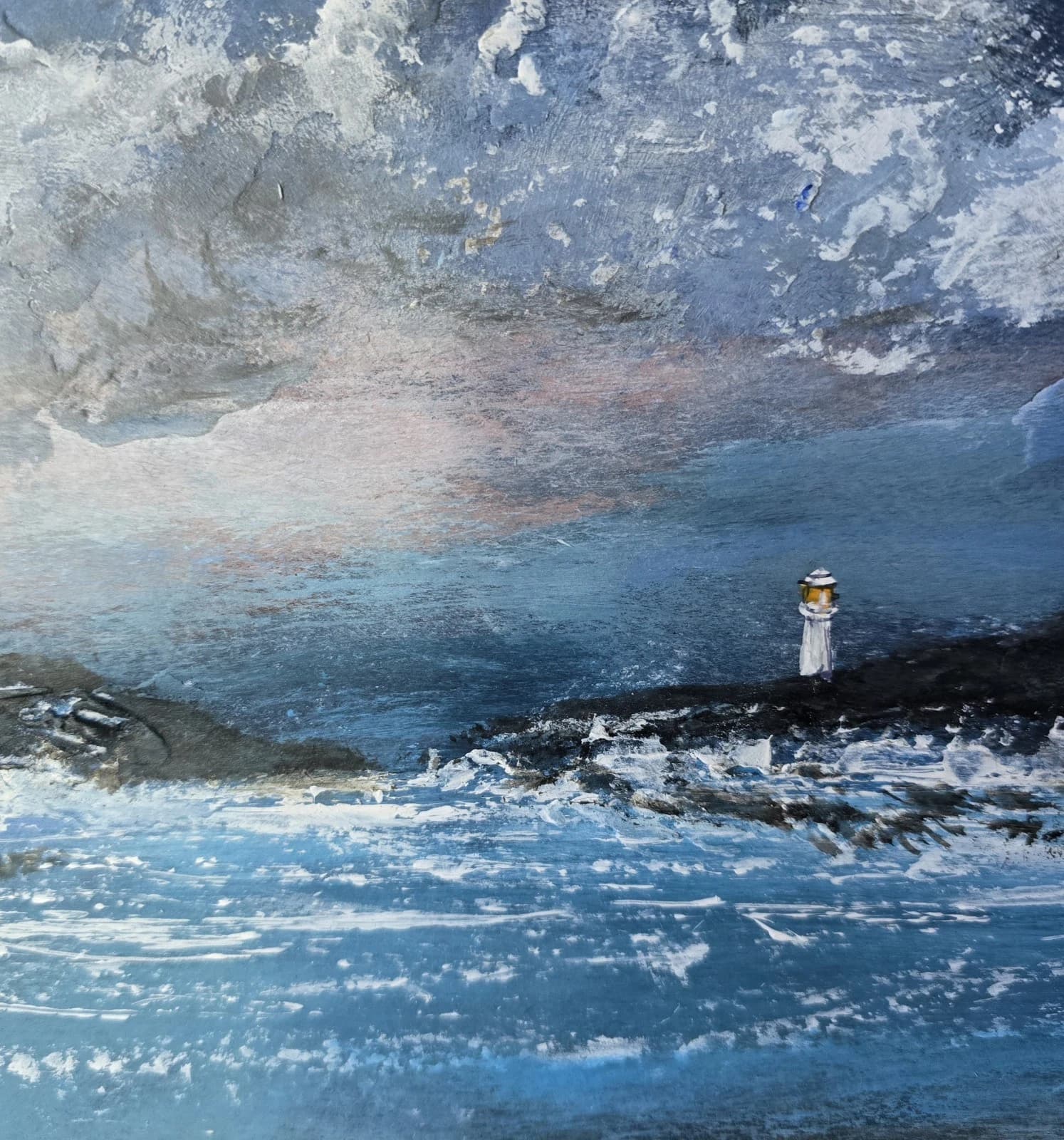 Acrylic Painting Coastal Landscape Lighthouse Seagulls Framed thumbnail 8