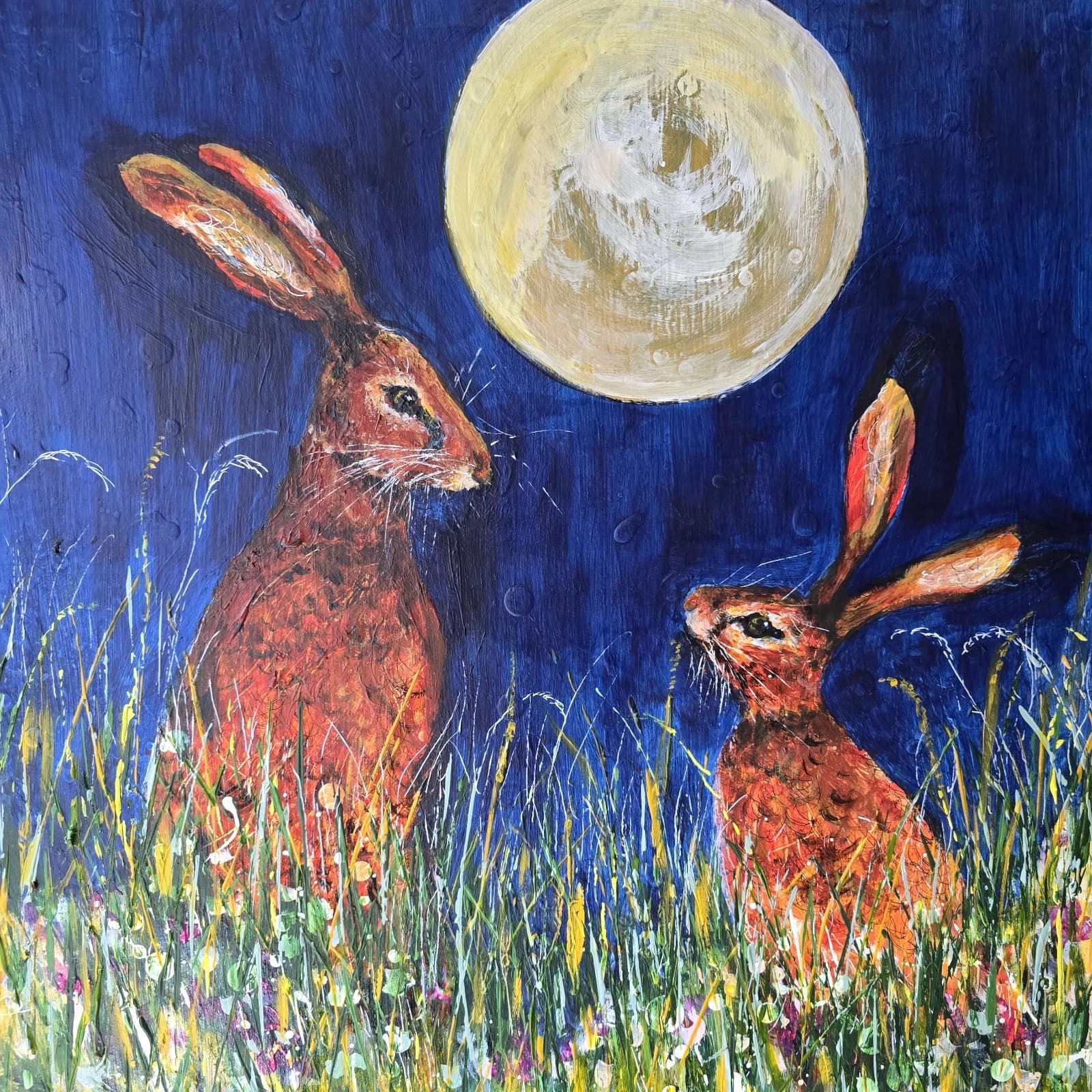 Acrylic Painting Hares Moon Meadow Wildlife Art thumbnail 2