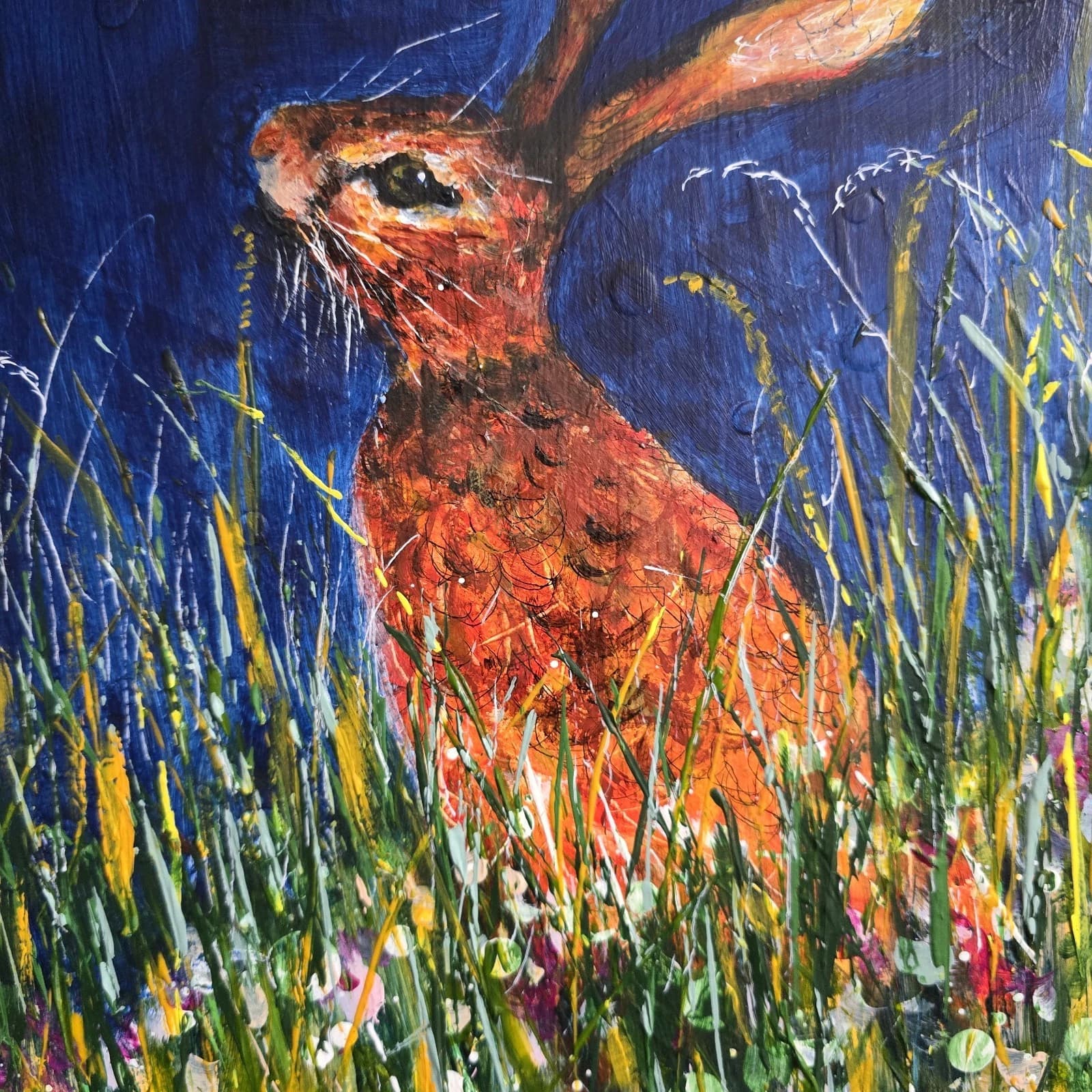 Acrylic Painting Hares Moon Meadow Wildlife Art thumbnail 11
