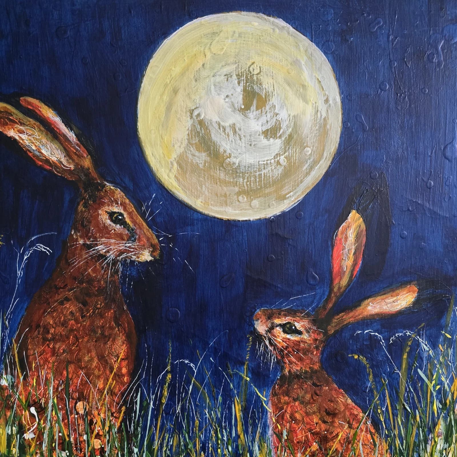 Acrylic Painting Hares Moon Meadow Wildlife Art thumbnail 12