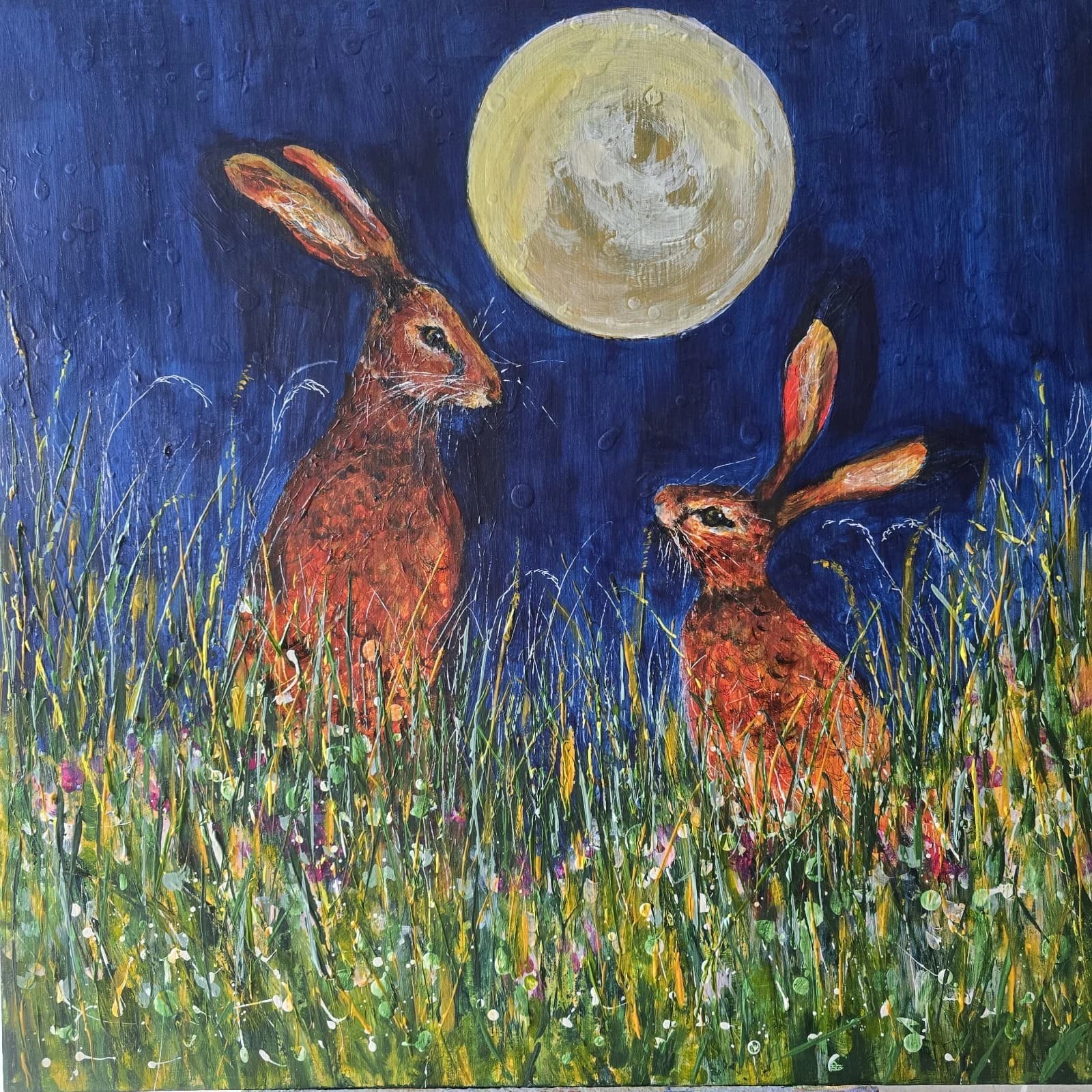 Acrylic Painting Hares Moon Meadow Wildlife Art thumbnail 13
