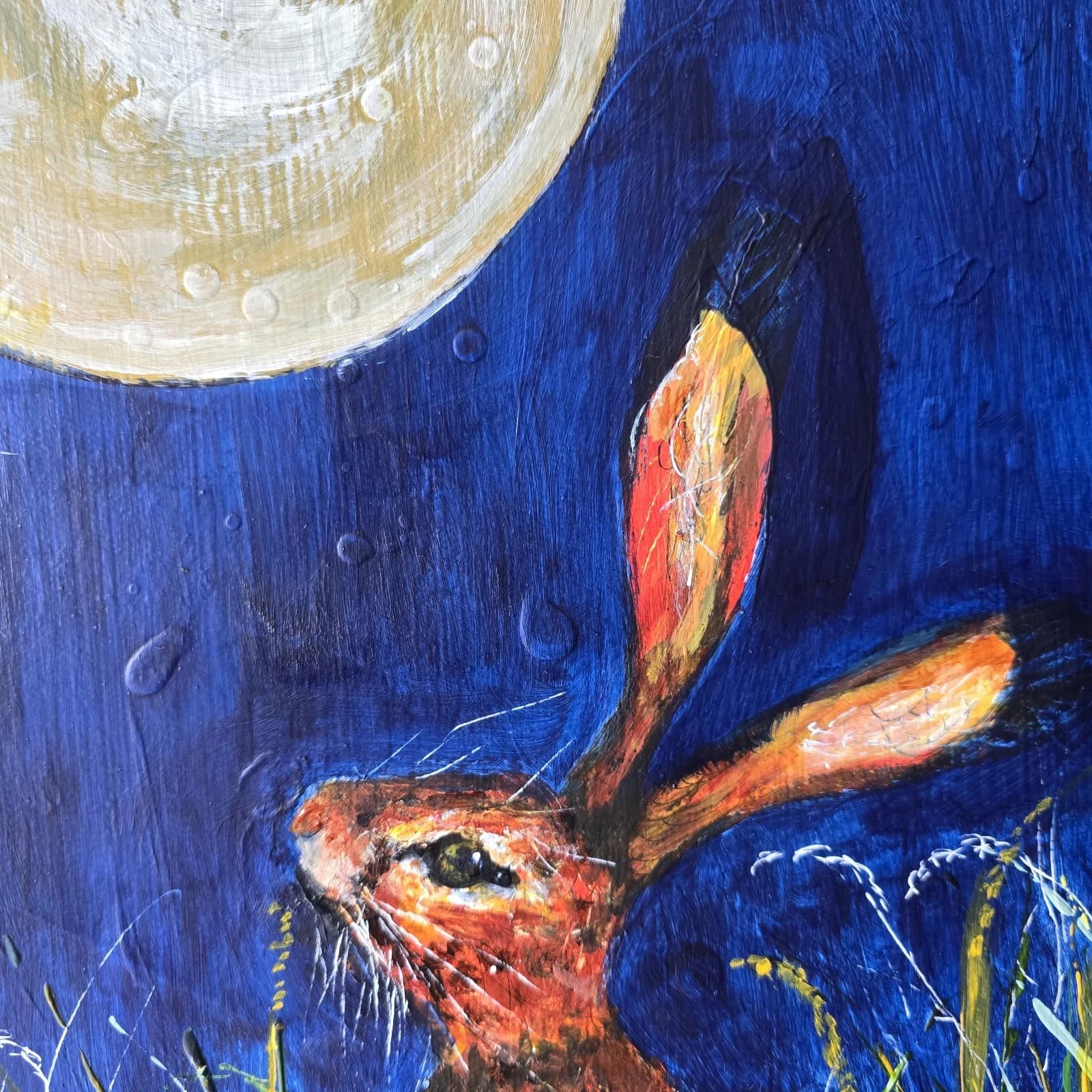 Acrylic Painting Hares Moon Meadow Wildlife Art thumbnail 14
