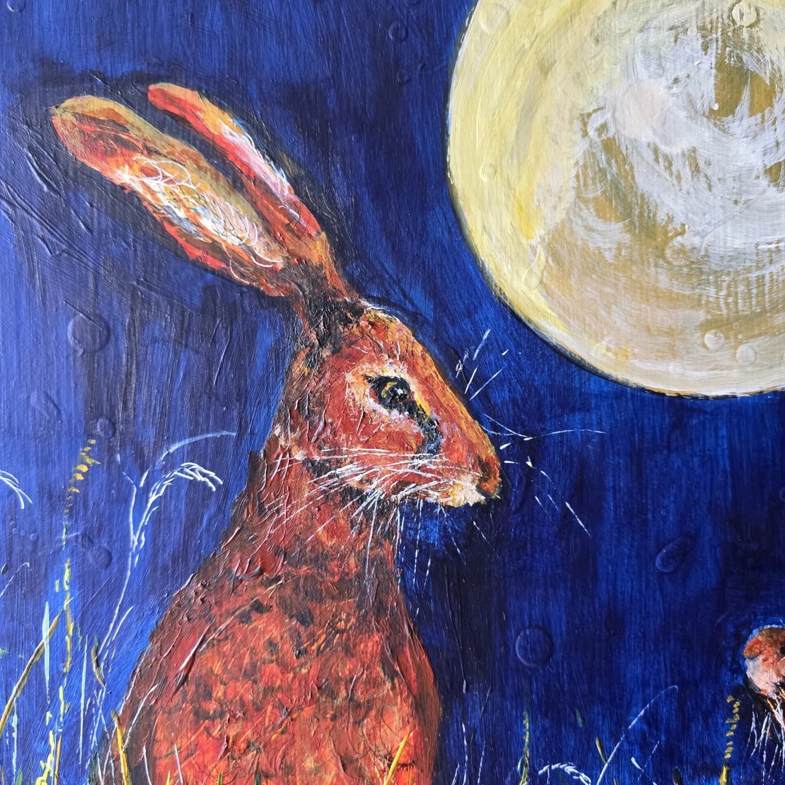 Acrylic Painting Hares Moon Meadow Wildlife Art thumbnail 15