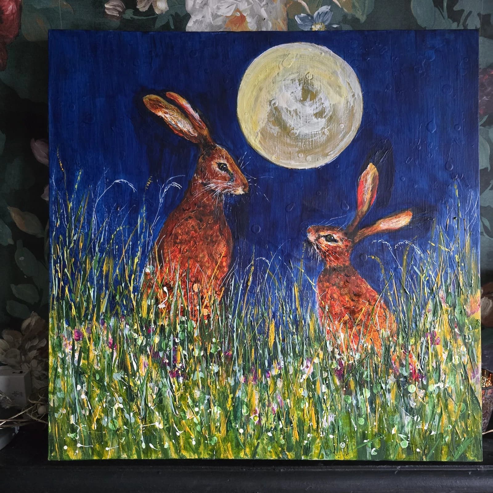 Acrylic Painting Hares Moon Meadow Wildlife Art thumbnail 3