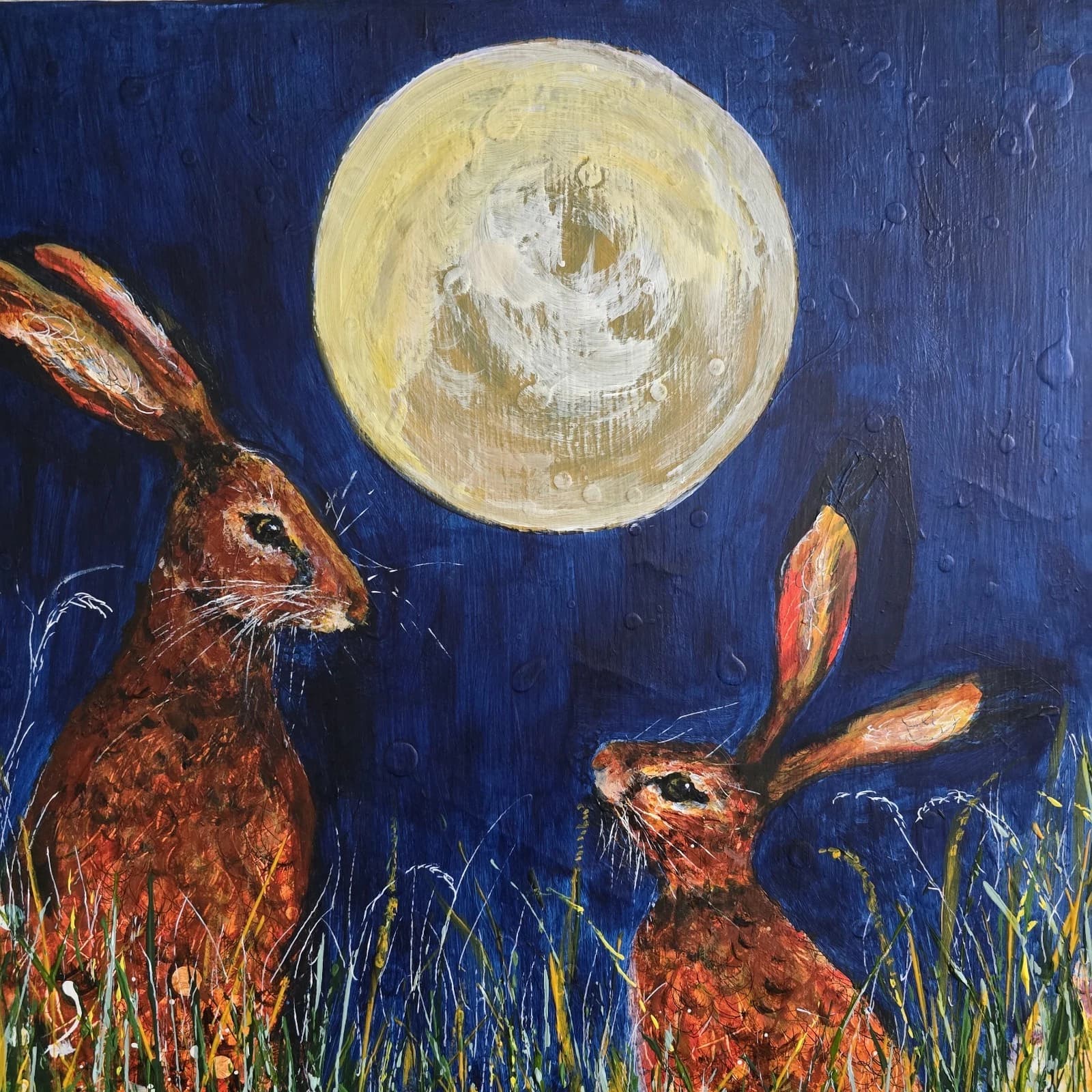 Acrylic Painting Hares Moon Meadow Wildlife Art thumbnail 21
