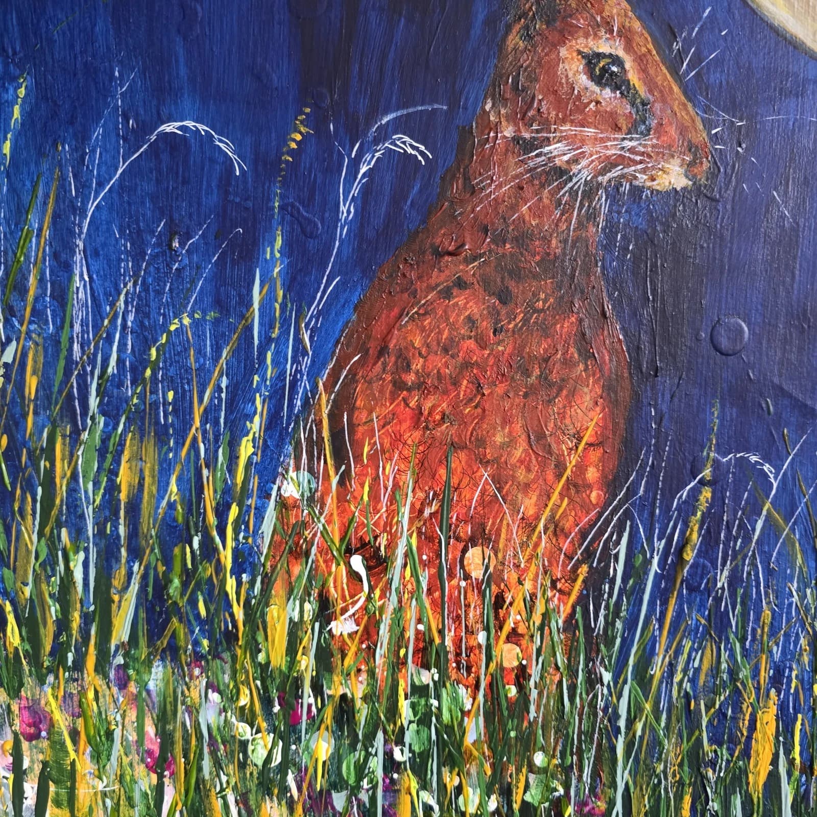 Acrylic Painting Hares Moon Meadow Wildlife Art thumbnail 22