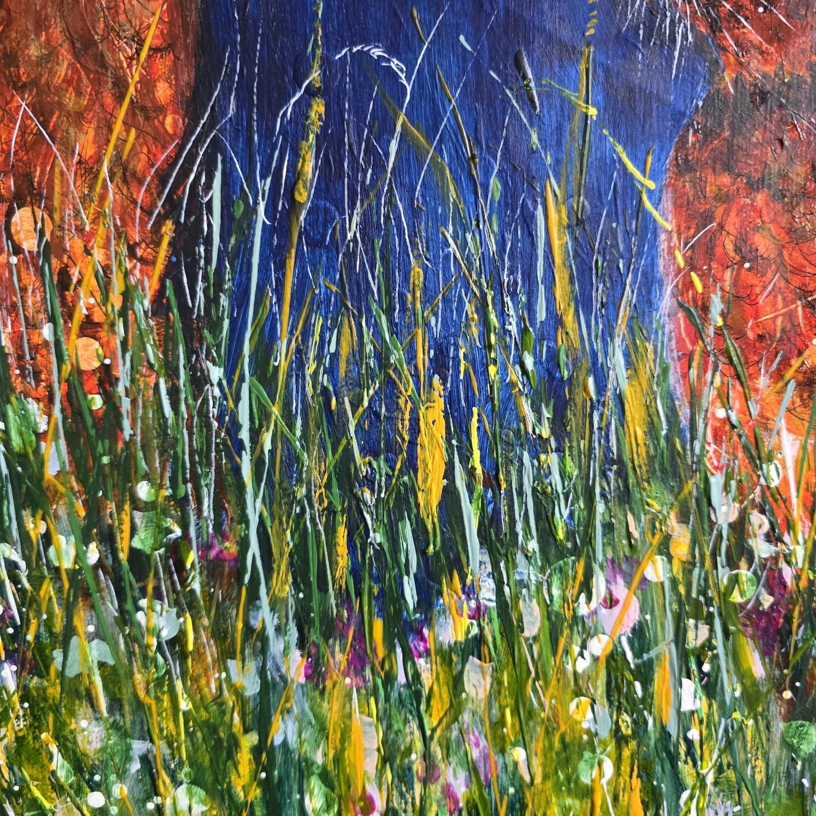 Acrylic Painting Hares Moon Meadow Wildlife Art thumbnail 23