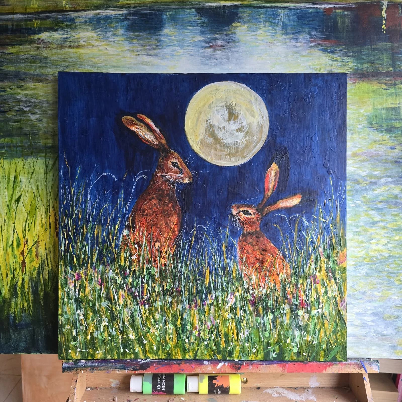 Acrylic Painting Hares Moon Meadow Wildlife Art thumbnail 24