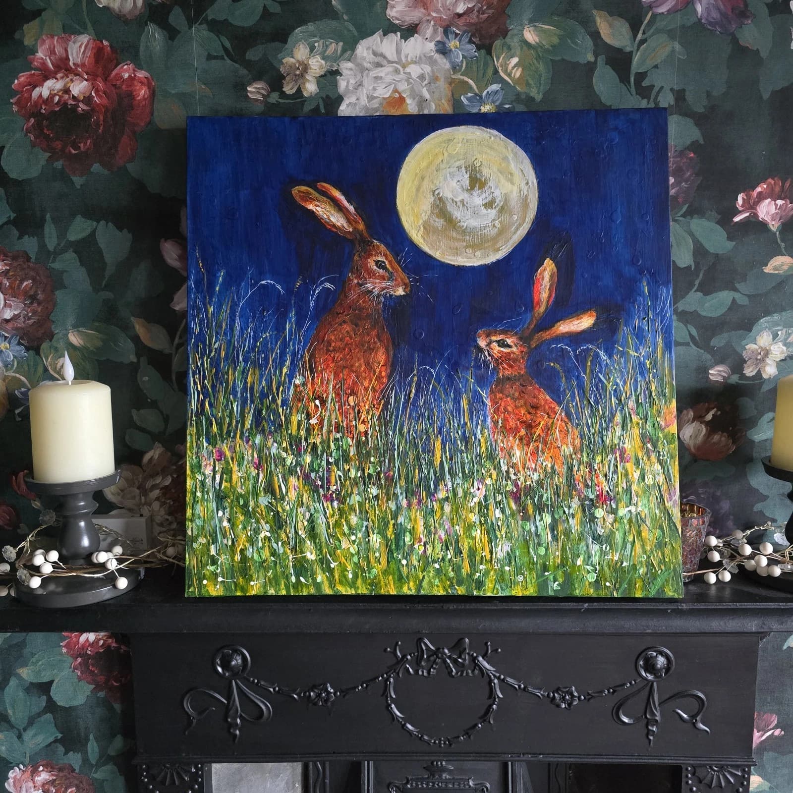 Acrylic Painting Hares Moon Meadow Wildlife Art thumbnail 4