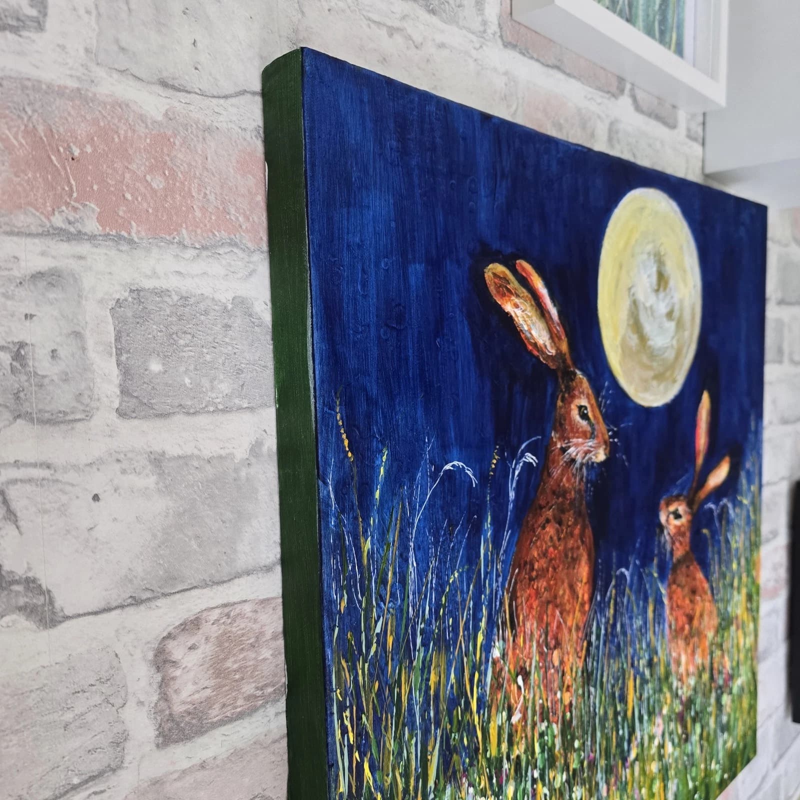 Acrylic Painting Hares Moon Meadow Wildlife Art thumbnail 5