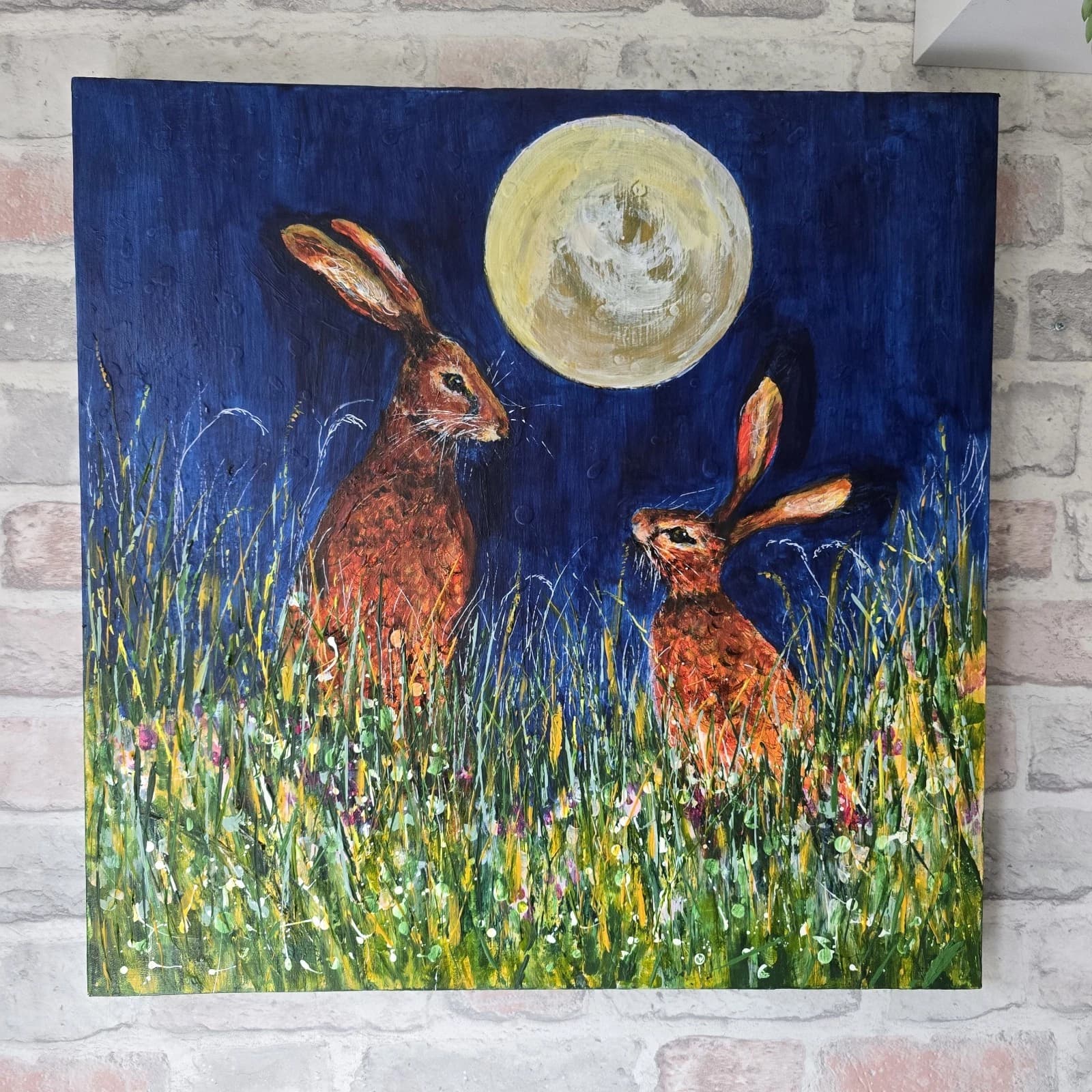Acrylic Painting Hares Moon Meadow Wildlife Art thumbnail 6