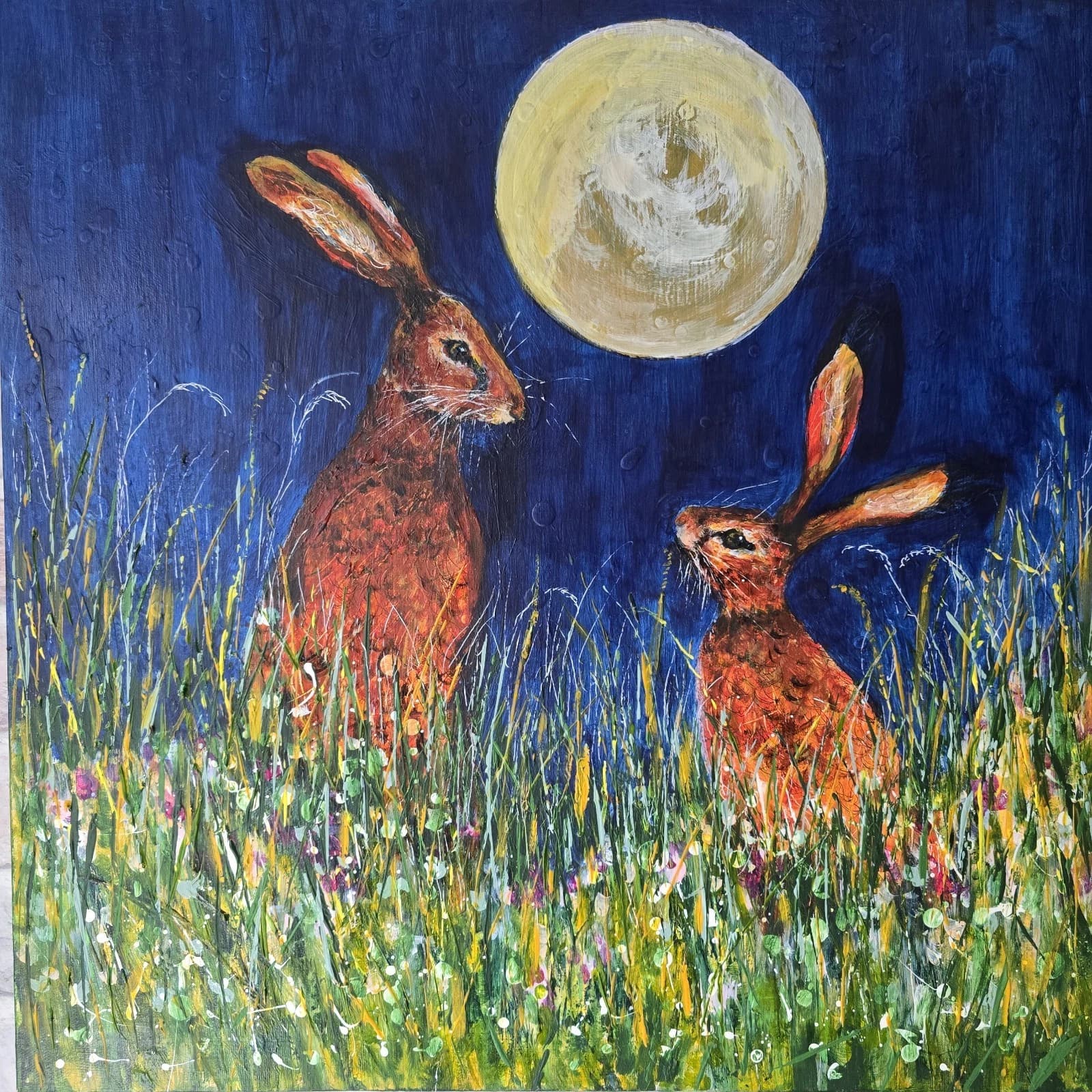 Acrylic Painting Hares Moon Meadow Wildlife Art thumbnail 7