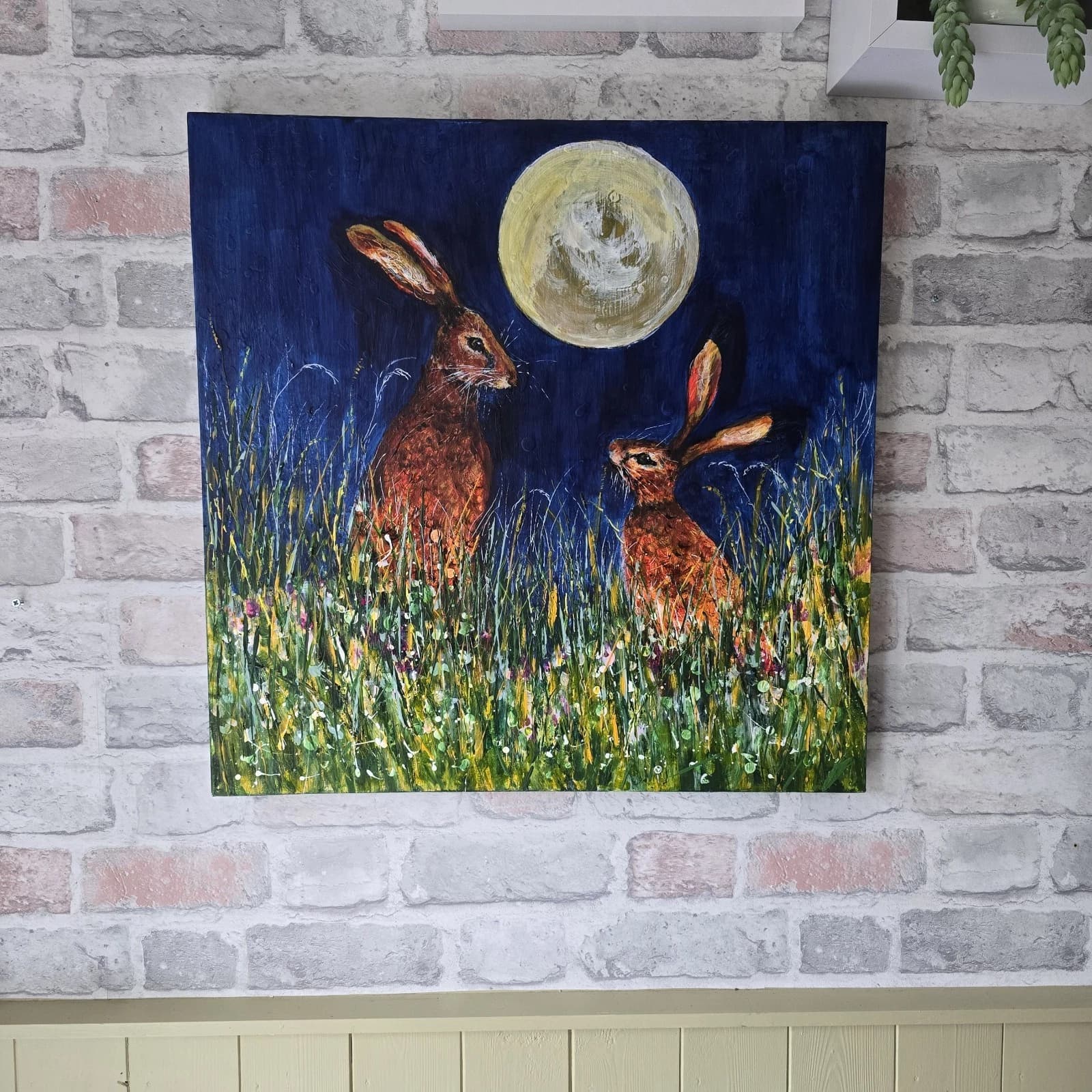Acrylic Painting Hares Moon Meadow Wildlife Art thumbnail 8