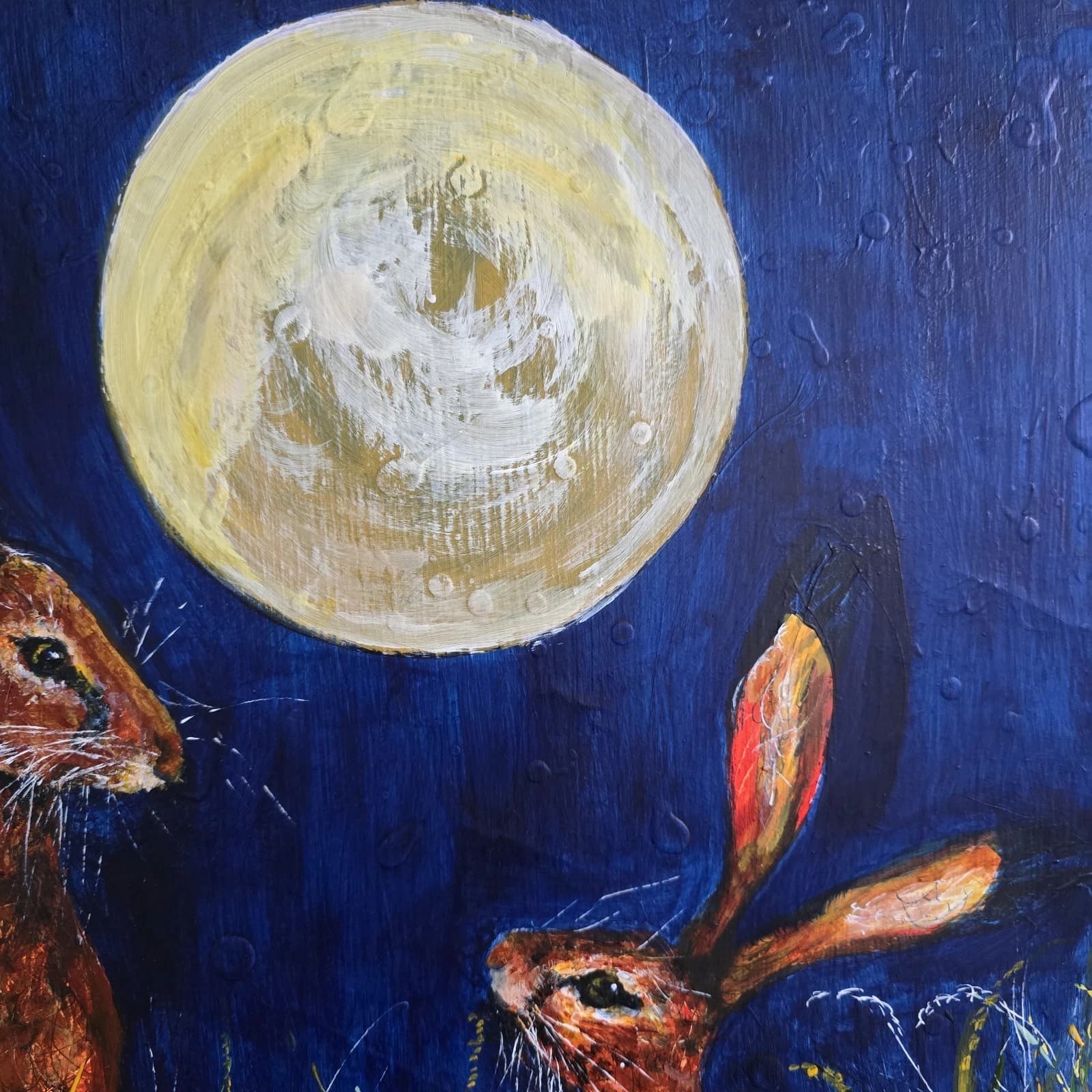 Acrylic Painting Hares Moon Meadow Wildlife Art thumbnail 9