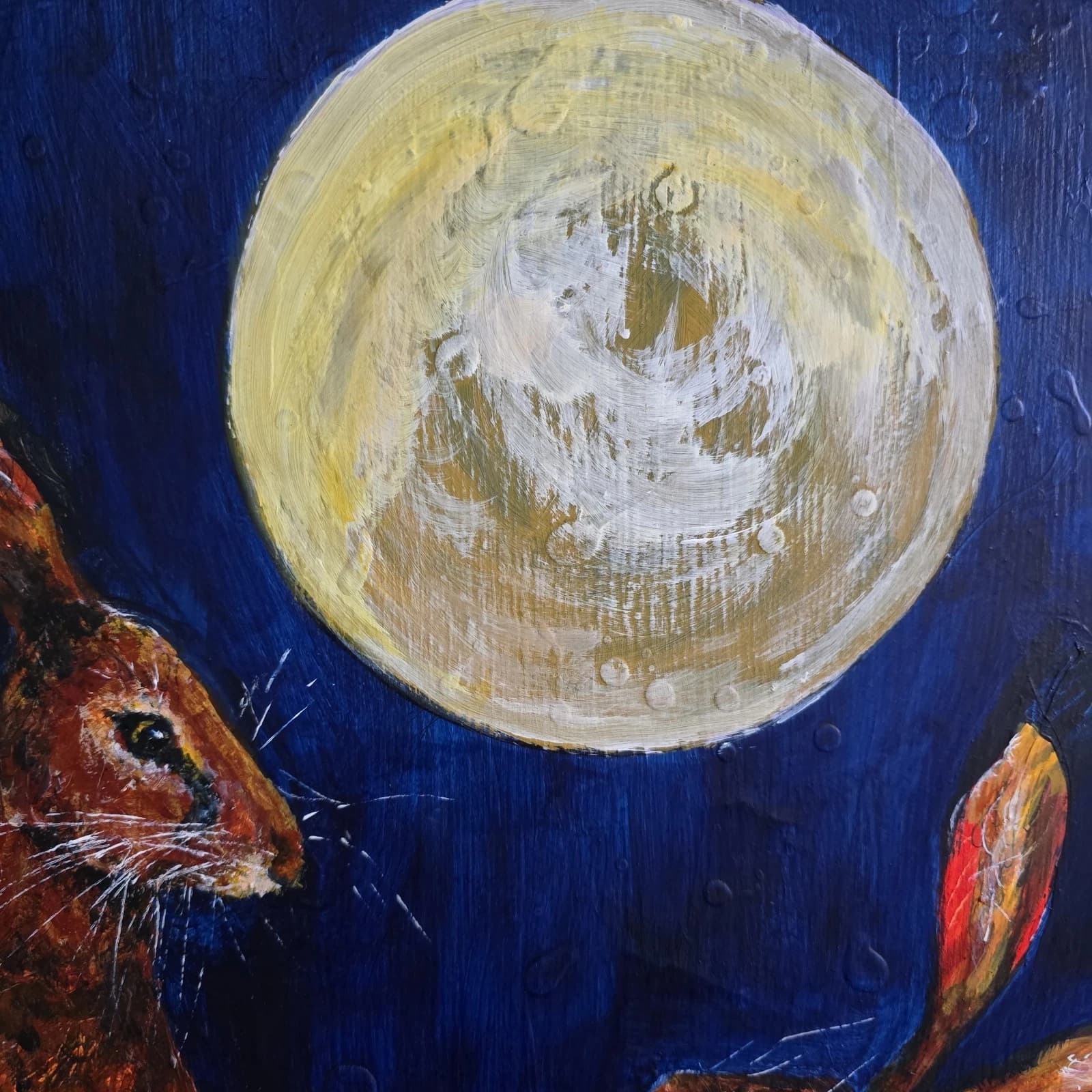 Acrylic Painting Hares Moon Meadow Wildlife Art thumbnail 10